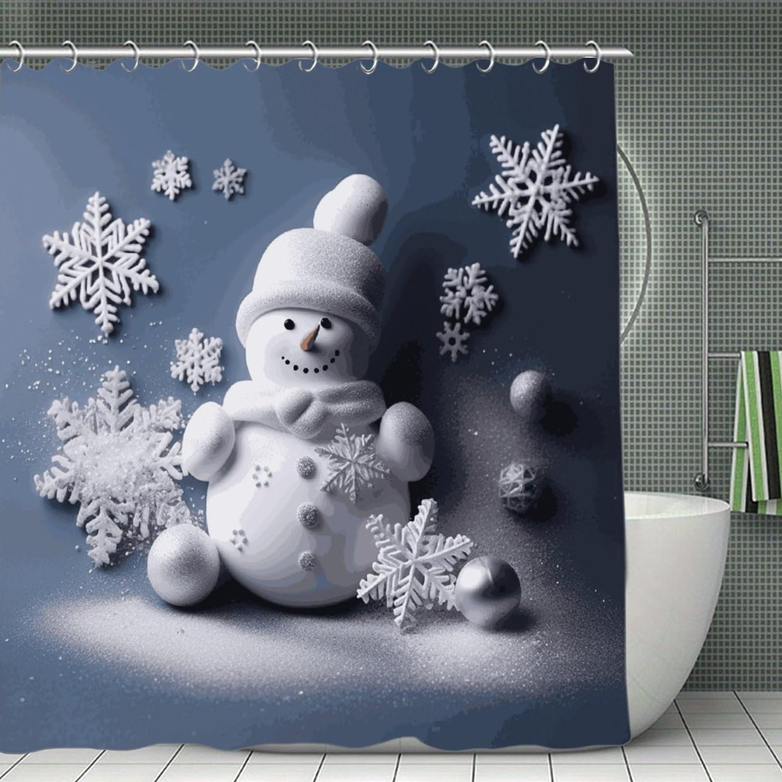VstaDank Snowman Stars and Snowflakes Shower Curtain Light-Weight Blackout Bathroom Curtain Washable Shower Liner 71x71 Inch Bath Curtain with Metal Holes Bathtub Bath Room