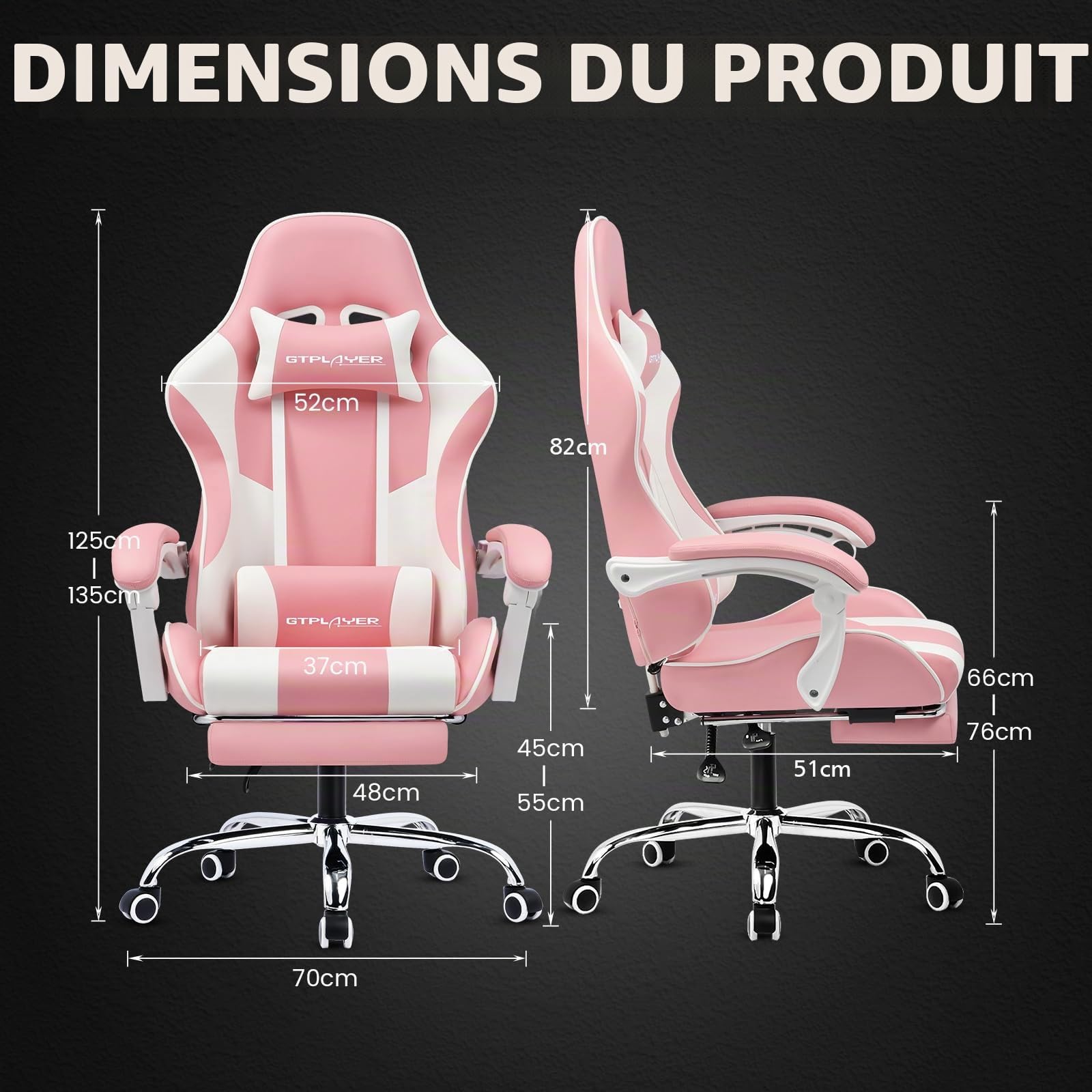 GTPLAYER Chaise de Jeu, Chaise de Bureau, Ergonomique, Fauteuil de Jeu avec Support Lombaire de Massage, Chaise de Travail avec Repose-Pieds et appuie-tête, Cuir synthétique, Supporte 150 kg, Rose