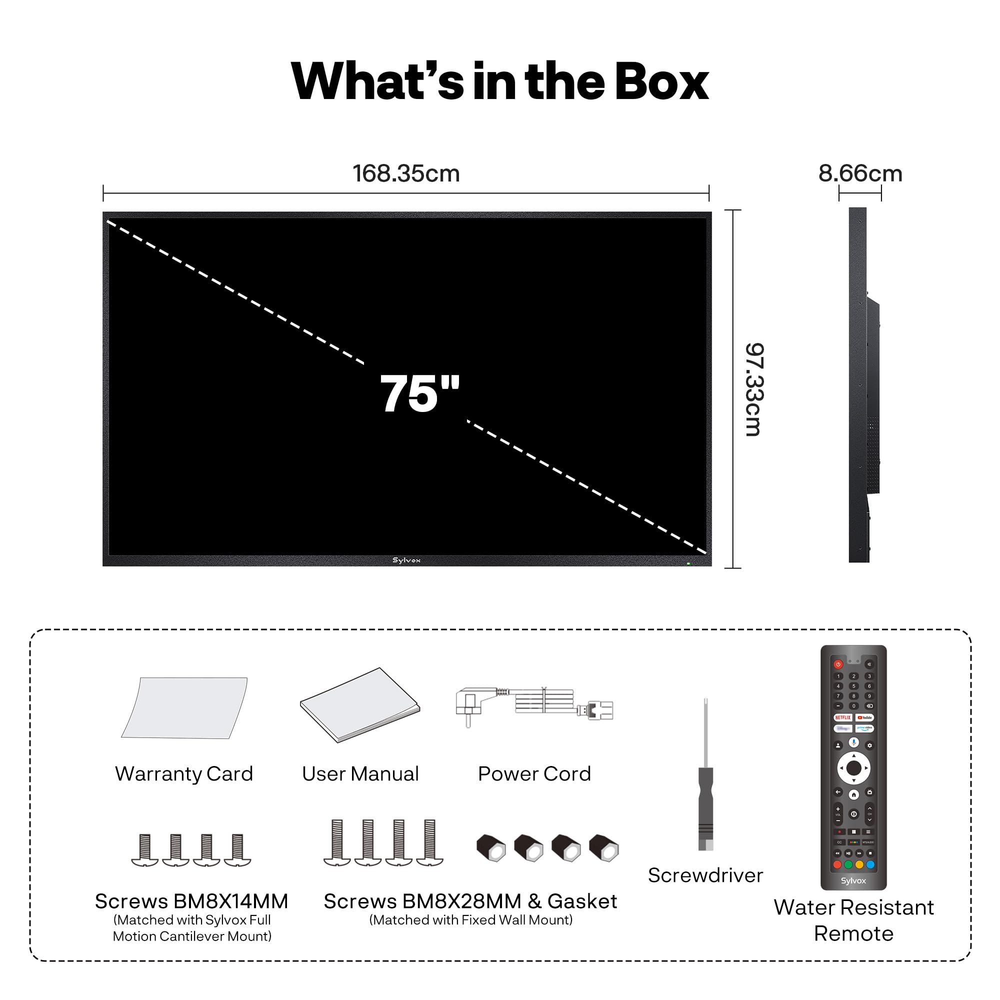SYLVOX TV Exterior de 75", 120 Hz 4K Ultra HD, IP55 Waterproof, Outdoor Google TV, Dolby Atmos, WiFi 5G y HDMI 2.1, DVB-C/T2/S2, HEVC, Televisor Smart de 1000 nits Ideal para Gaming (Modelo 2025)