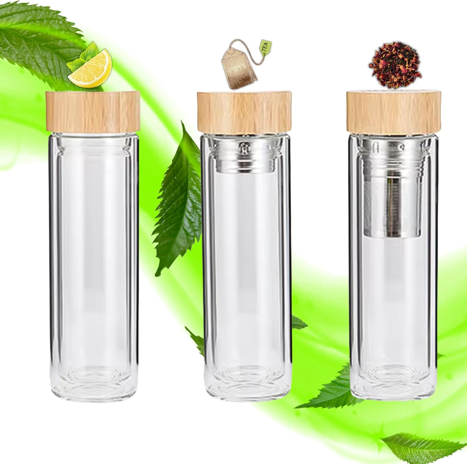 15oz Double Wall Glass Water Bottle with Bamboo Lid and Tea Infuser – Insulated, Leak-Proof, and Eco-Friendly Travel Tea Mug with Filter for Hot or Cold Beverages - Image 8