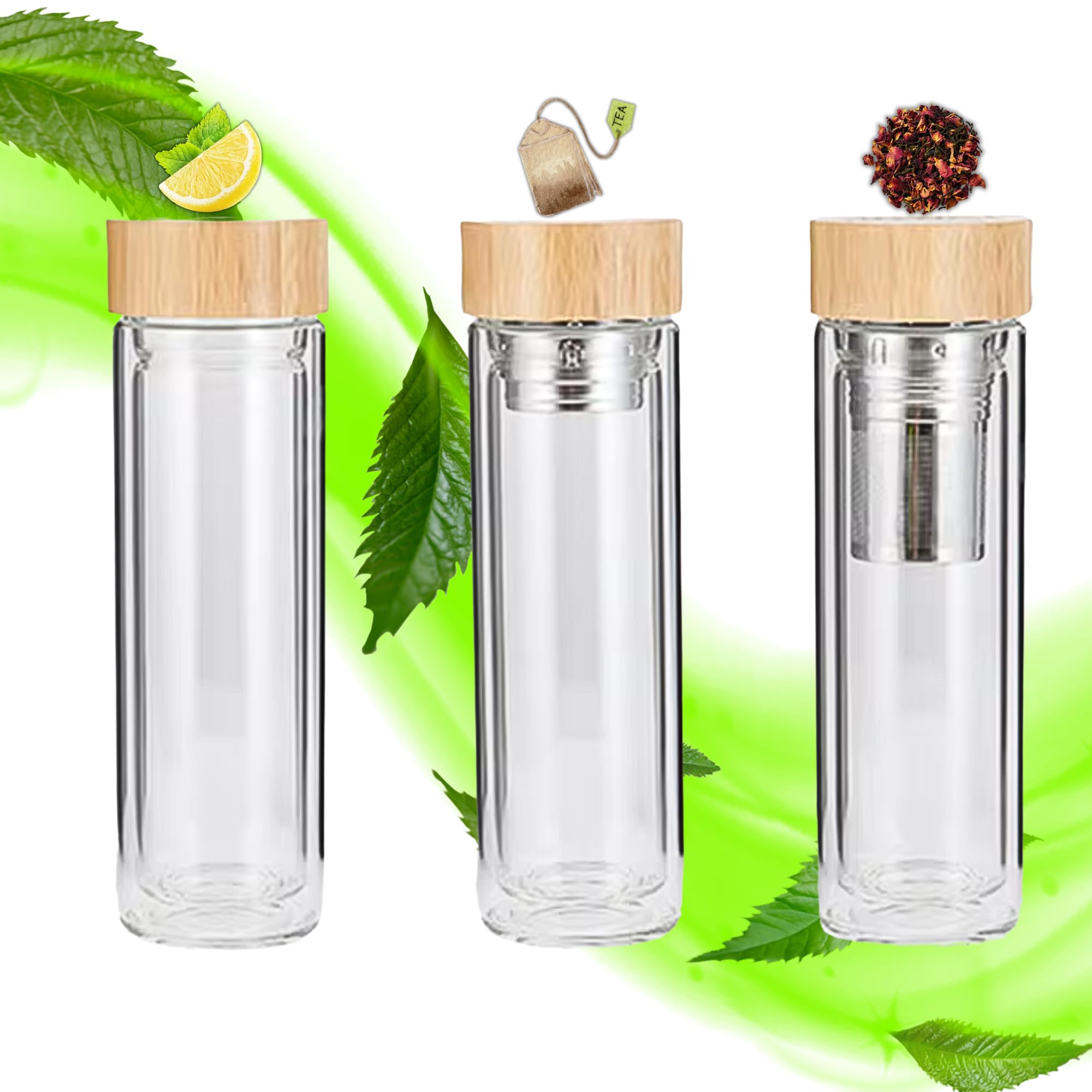 15oz Glass Water Bottle with Bamboo Lid and Tea Infuser thumbnail 8
