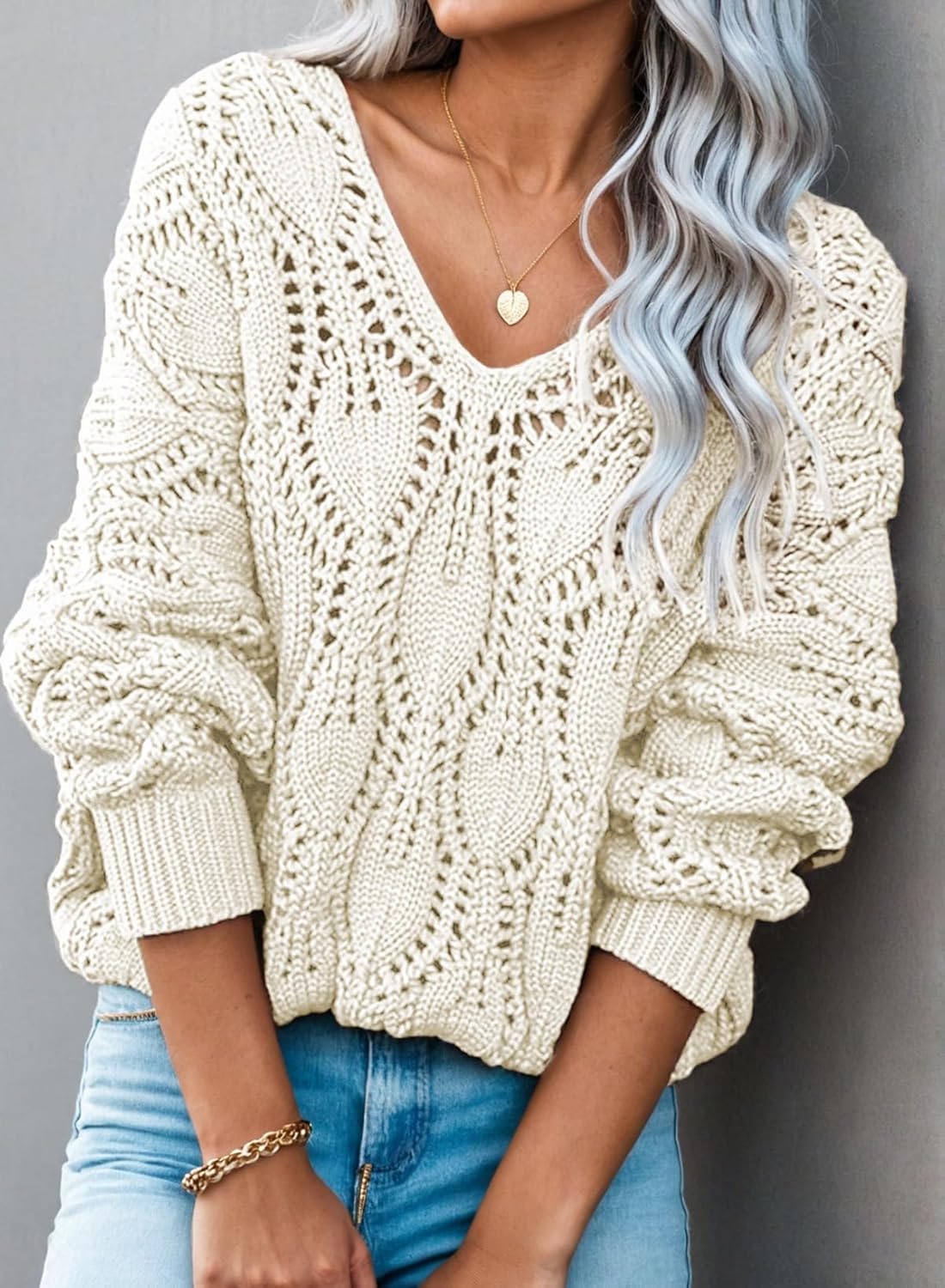 Dokotoo Women's Fall Sweaters V Neck Crochet Hollow Out 2025 Trendy Casual Winter Pullover Sweaters - Image 2