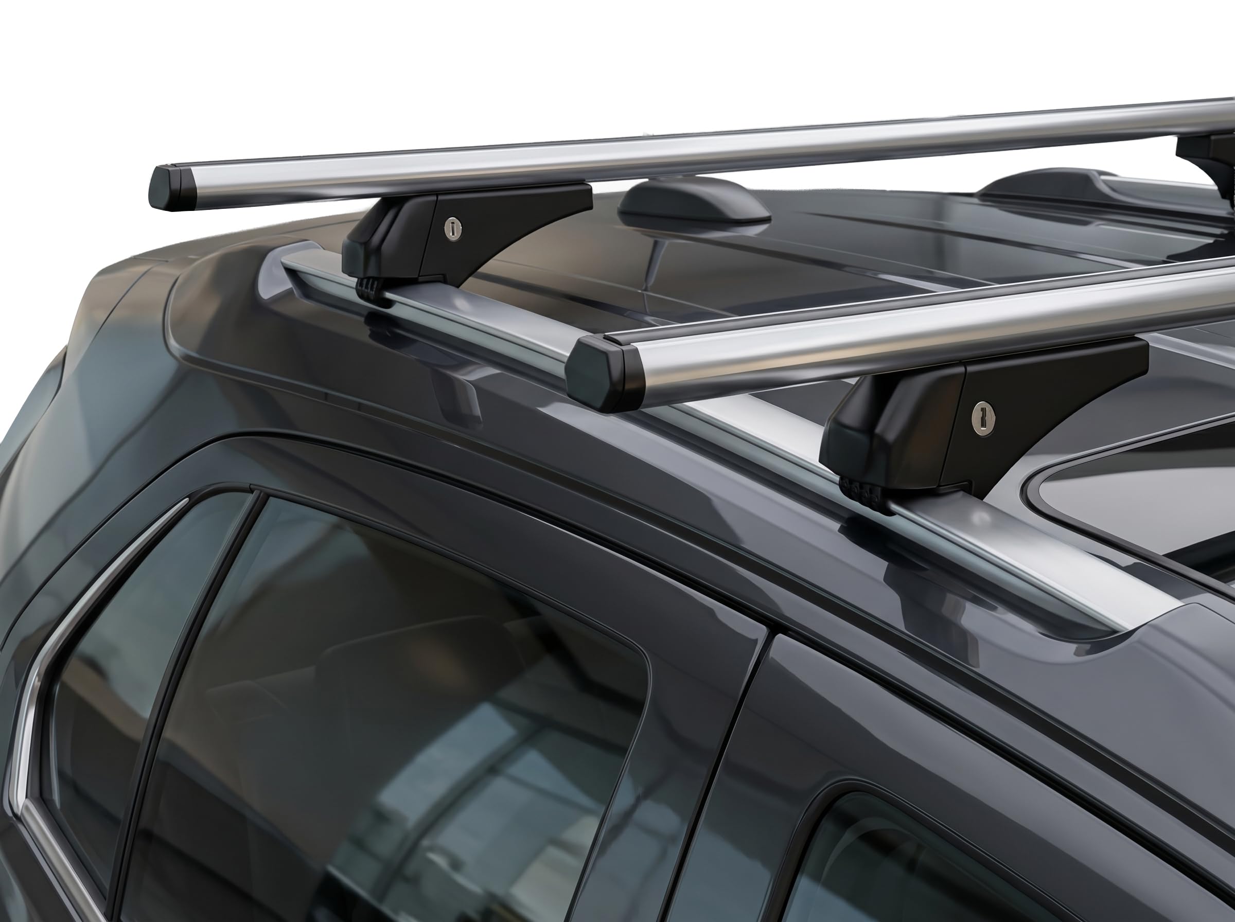 Rebeca Shop Barre portapacchi, universali, per auto con railing o rails integrati attaccati al tetto con binario a L, confezione da 2 barre, colore alluminio (Lunghezza 125cm)