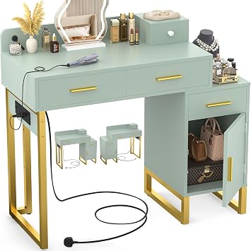 iSunirm Dressing Table Vanity Desk with 4 Storage Drawers - Modern Makeup Desk with Charging Station, Vanity Desk with Reversible Cabinet Table Set with Divided Organizers for Women Girls