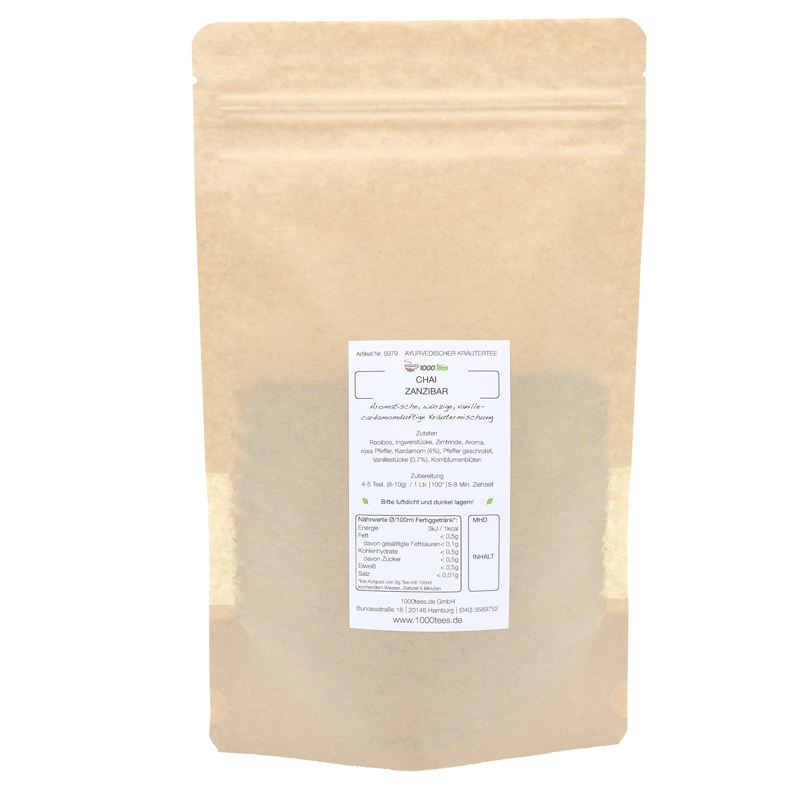 Kräutertee Chai Zanzibar mit Vanille-Kardamom-Geschmack, zimtig, würzig, vanillig, frisch abgefüllt