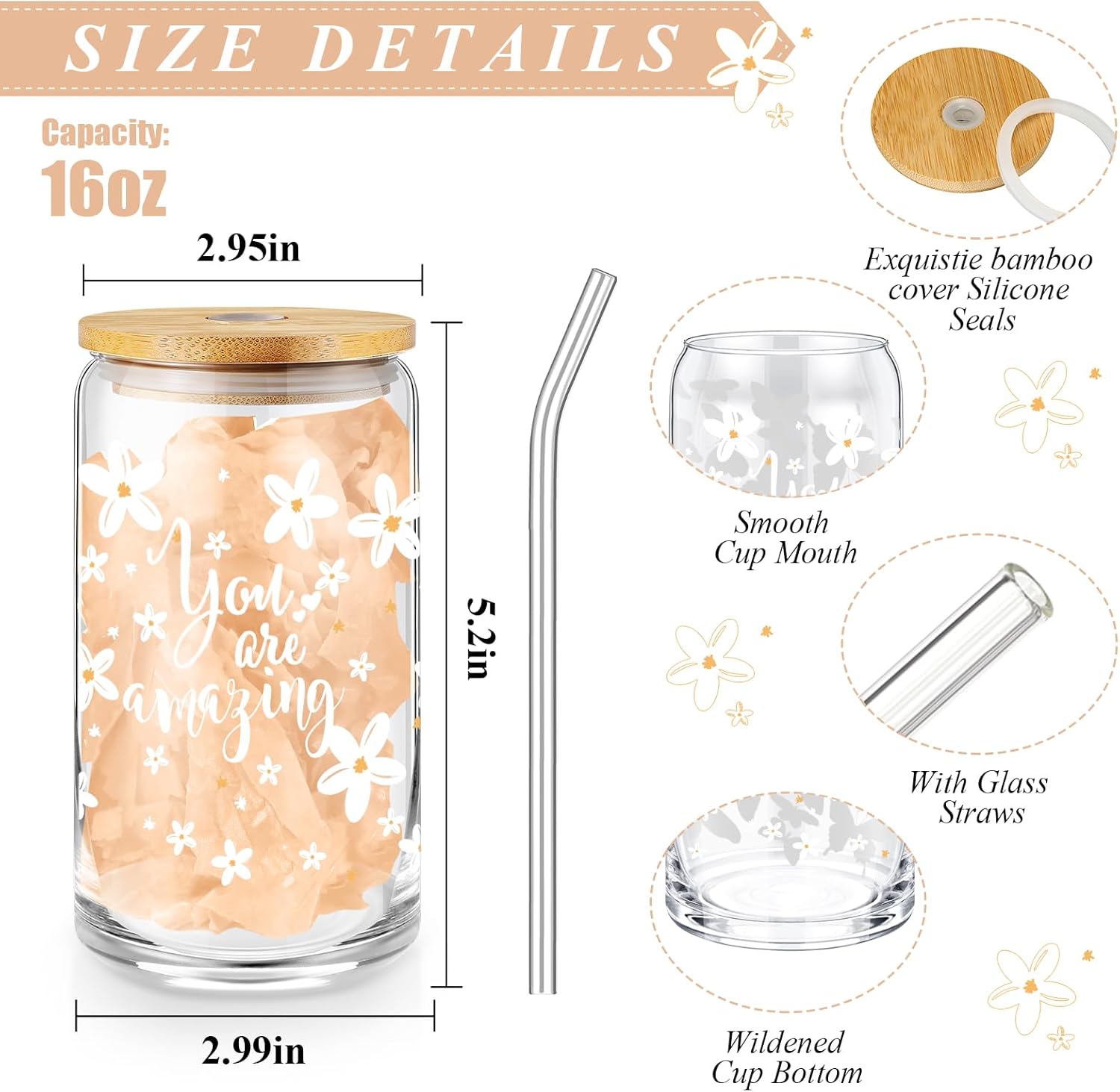 12 Pcs Inspirational Gift for Women 16 oz Glass Cups with Lids Coffee Cup Bulk Thank You Appreciation Gift for Employee Team Coworker Staff (Flower)