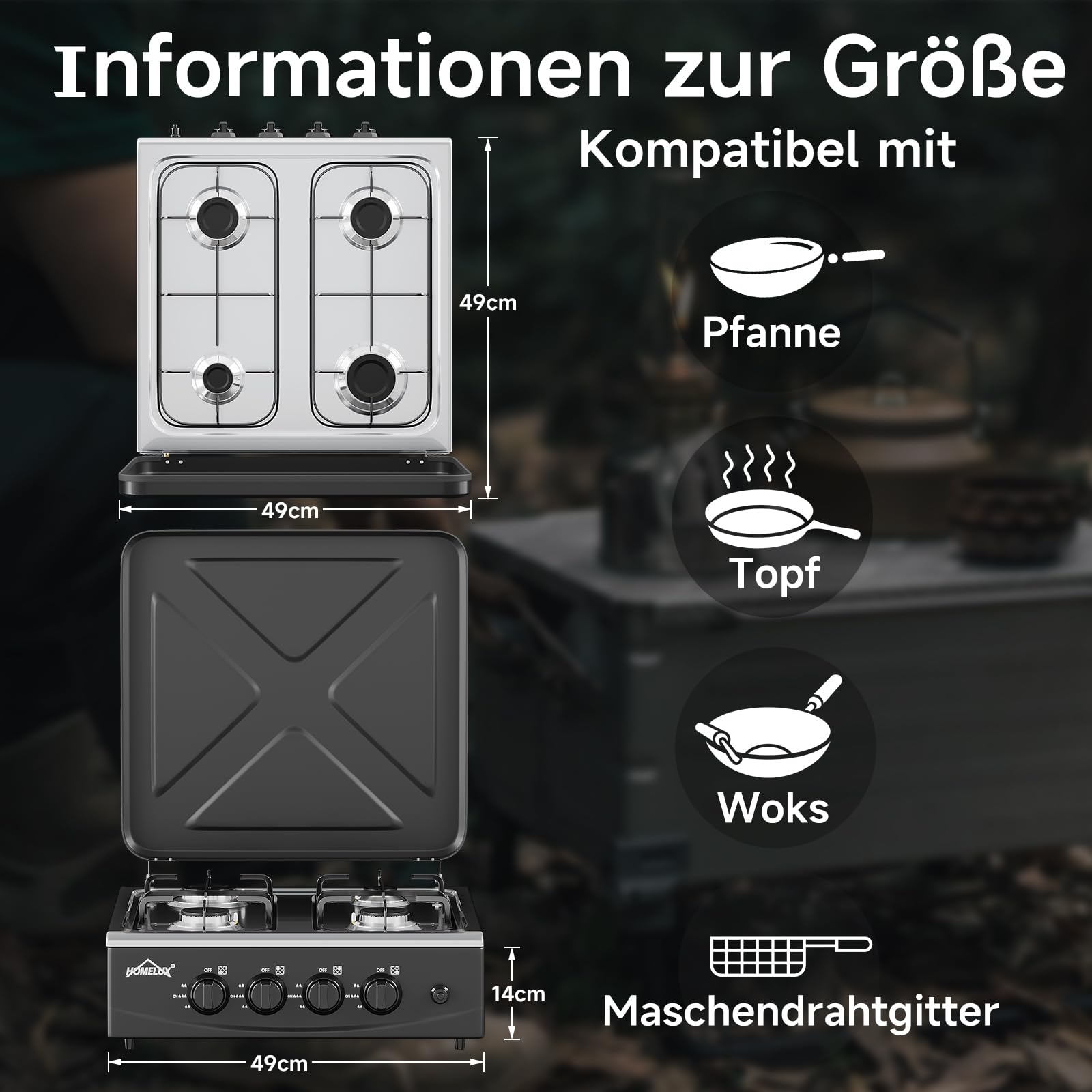 HOMELUX Kuchenka kempingowa, 4-palnikowa kuchenka gazowa | 6,2 kW płyta gazowa z wężem przyłączeniowym 1,5 m i reduktorem ciśnienia 50 mbar