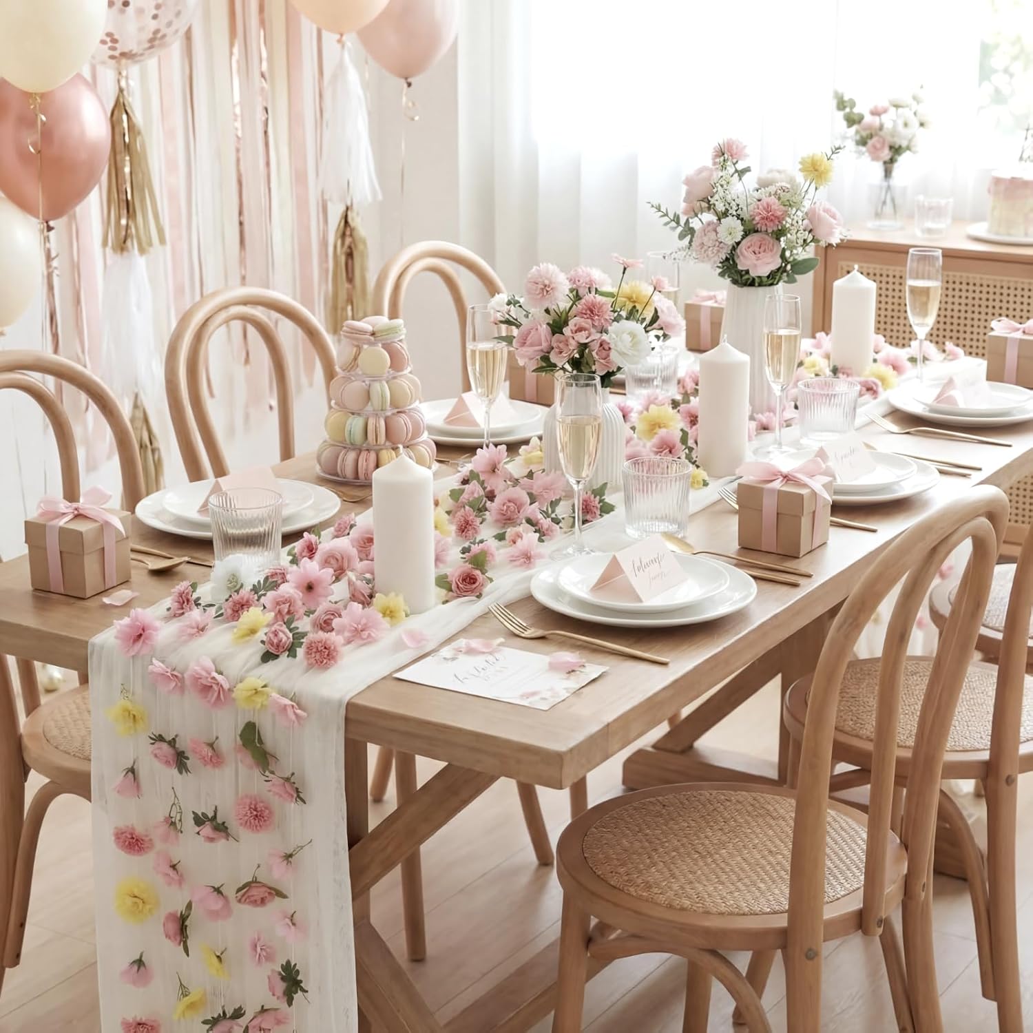 3 Pcs 10 ft Floral Tulle Table Runner with 6 Pcs Artificial Flower Garland Spring Summer Wildflower Dining Table Decor for Flower Wedding Party Backdrop Decorations