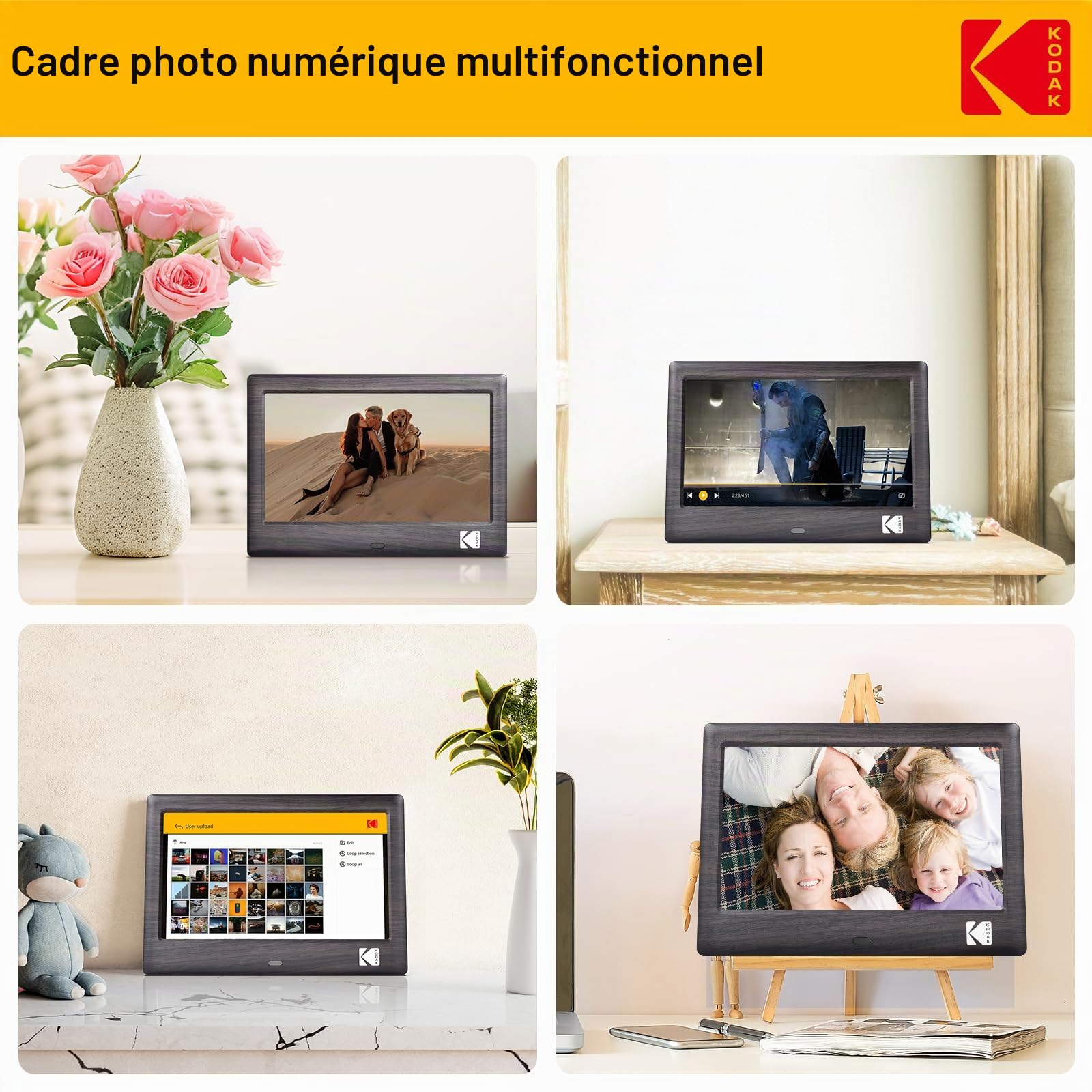 Kodak Cadre Photo numérique de 7 Pouces - Écran IPS - Lecteur Photo/Musique/vidéo/Calendrier/Alarme, Prise en Charge USB ou Carte SD, Rotation Automatique, avec télécommande