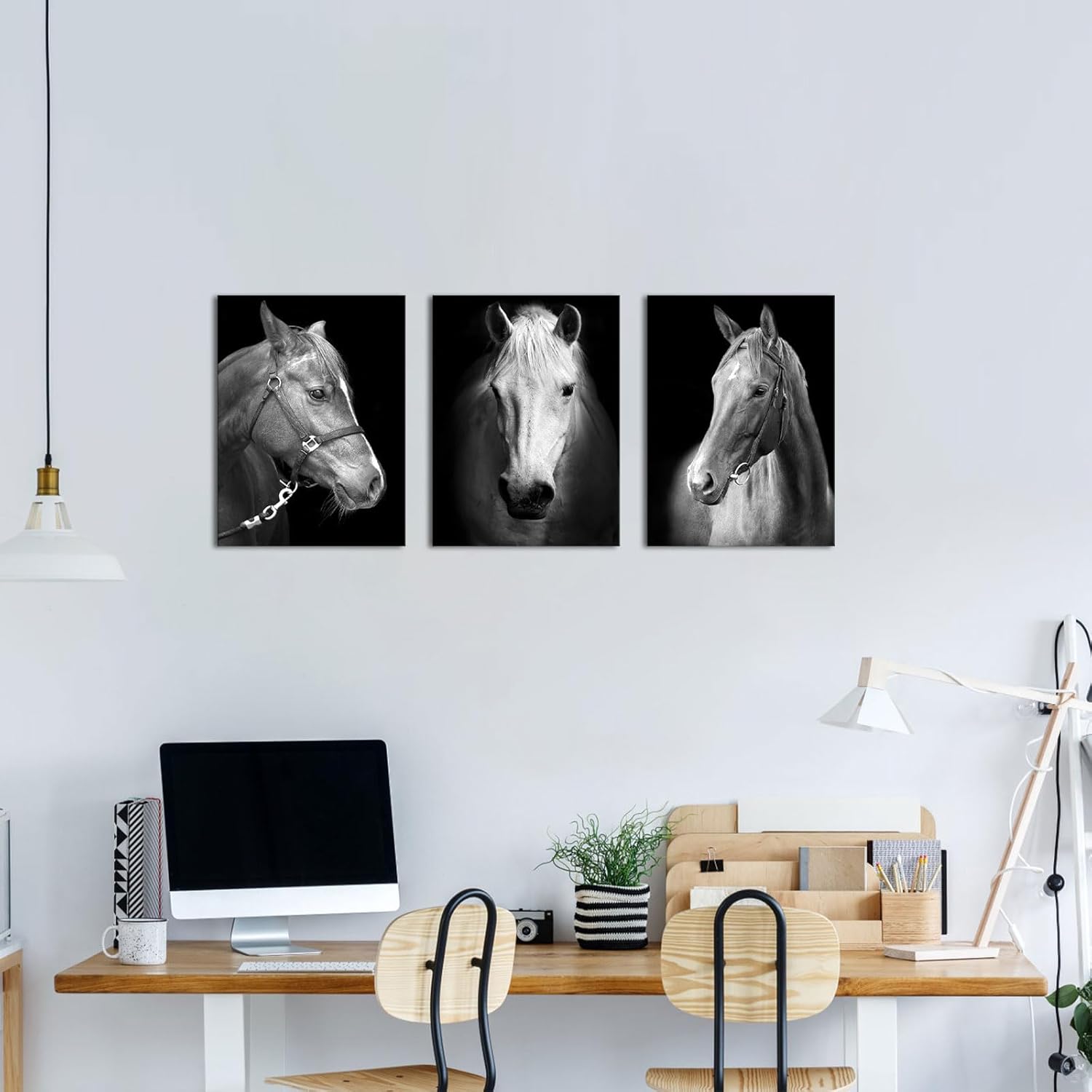 LyerArtork 3 Panel Black and White Horses Painting Picture Print on Canvas Vintage Animals Canvas Wall Art Wooden Stretched Framed Posters Prints for Home Men Office Bedroom Decoration 12"x16"x3pcs