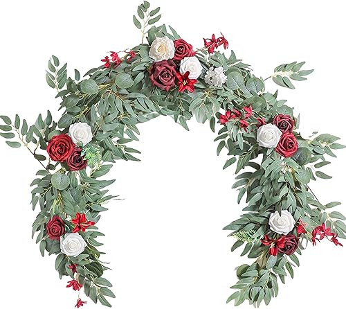 Guirnalda de eucalipto artificial con flores, flores burdeos de 6 pies, guirnalda de mesa de boda, hecha a mano, centros de mesa de boda, centros de