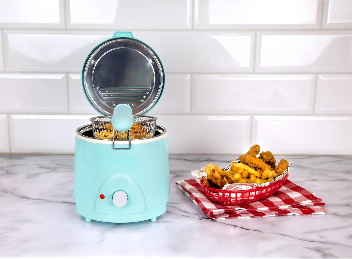 NEW 1.5-QUART DEEP FRYER, BLUE,120°F TO 400°F HEAT, SPACE-SAVING DESIGN, COOK OTHER MEATS, FISH, VEGGIES, CAKES, FRUITS, AND SO MUCH MORE, COOK YOUR FAVORITE DEEP-FRIED FOODS QUICKLY AND EFFICIENTLY.