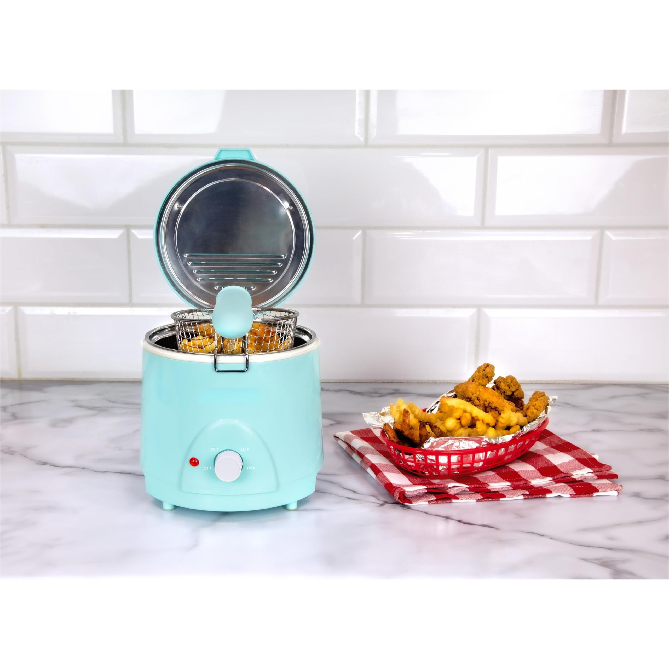 Nueva freidora de 1.5 cuartos de galón, azul, calor de 120 °F a 400 °F, diseño que ahorra espacio, cocina otras carnes, pescado, verduras, tartas, frutas y mucho más, cocina tus alimentos fritos 6