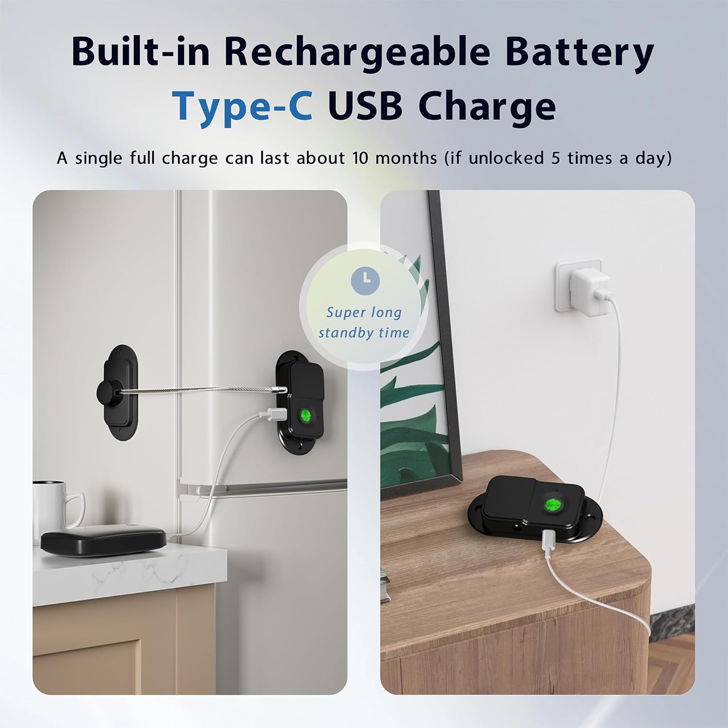 Fingerprint Fridge Lock, Baby Proofing Childproof for Cabinets, Furniture Anchor, Drawers, Freezer, Dishwasher, No-Drill Adhesive or Drill Install, Smart Fingerprint Key Quick Unlock (Black, 2pcs)