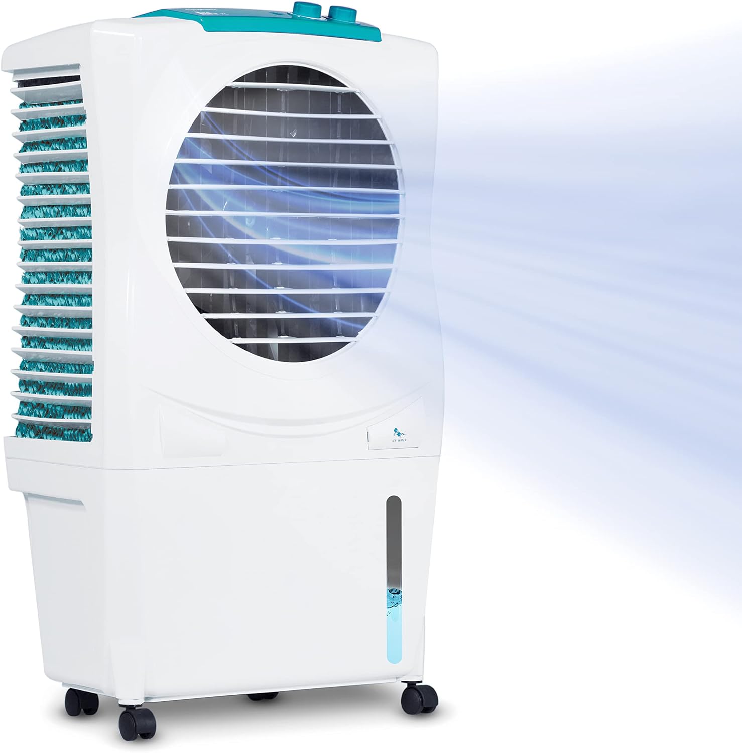 Symphony Ice Cube 2500 Evaporative Air Cooler in operation, showing cool air being emitted.