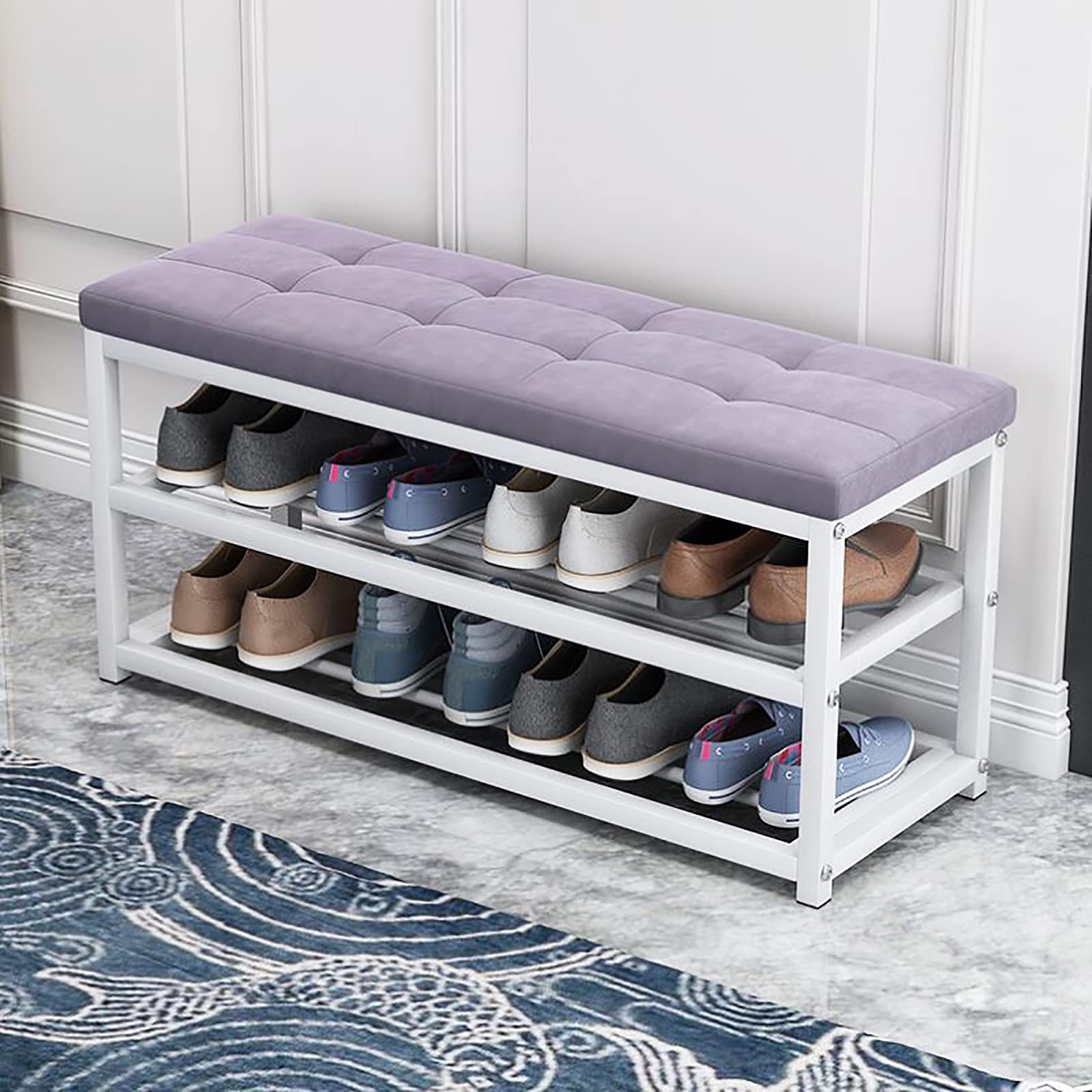 Banc d'entrée avec rangement pour chaussures en velours pour un couloir ordonné