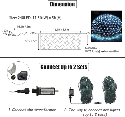 Miniatura 6 de Luces solares de red para exteriores, 240 luces LED de malla blanca fría, impermeables, 2 fuentes de alimentación de 11.5 pies x 5 pies, 8 modos de