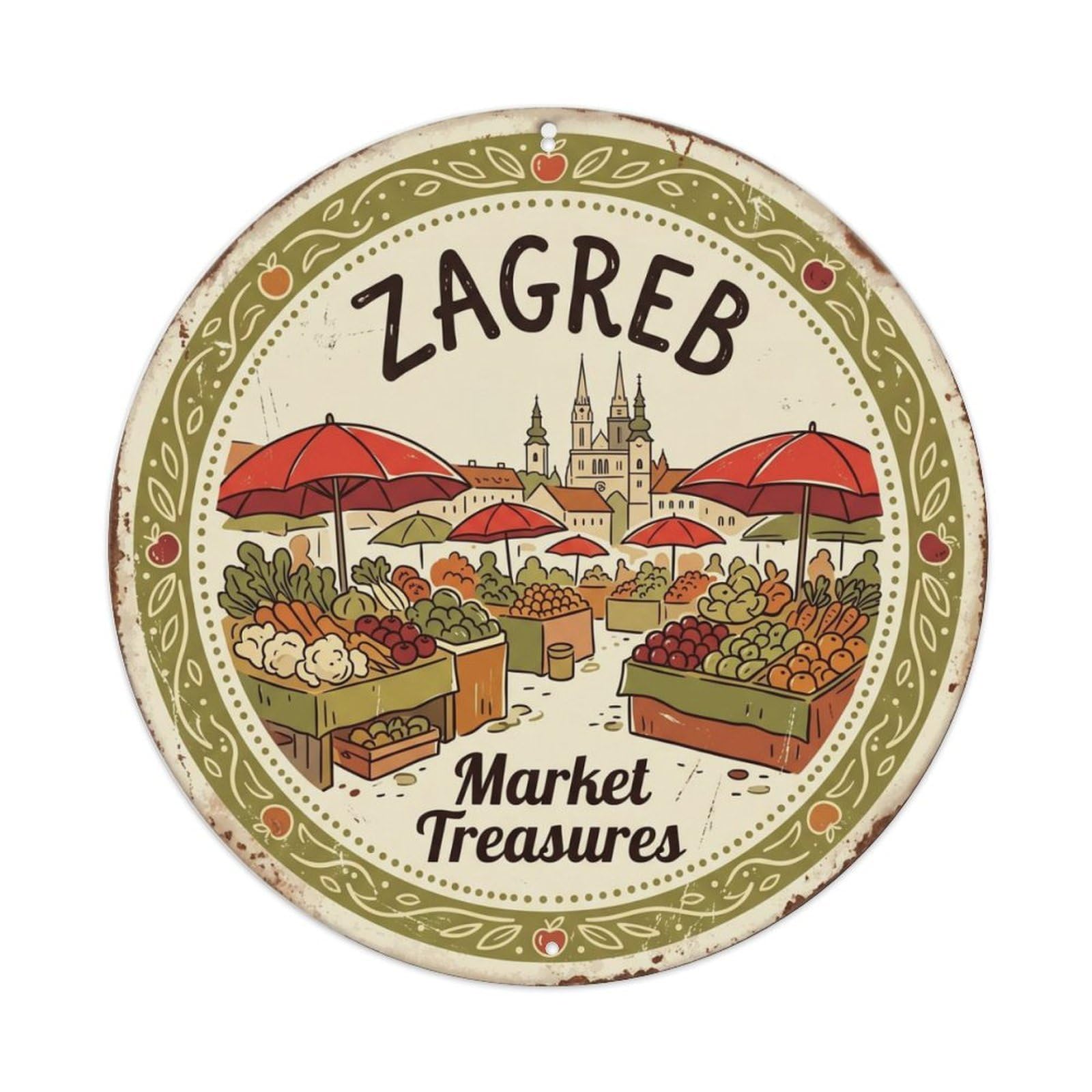 Vintage Travel Zagreb Croatia Market Metal Tin Sign Plaque Wall Decor for Cafe, Club, Garden Round Metal Poster 8x8Inch