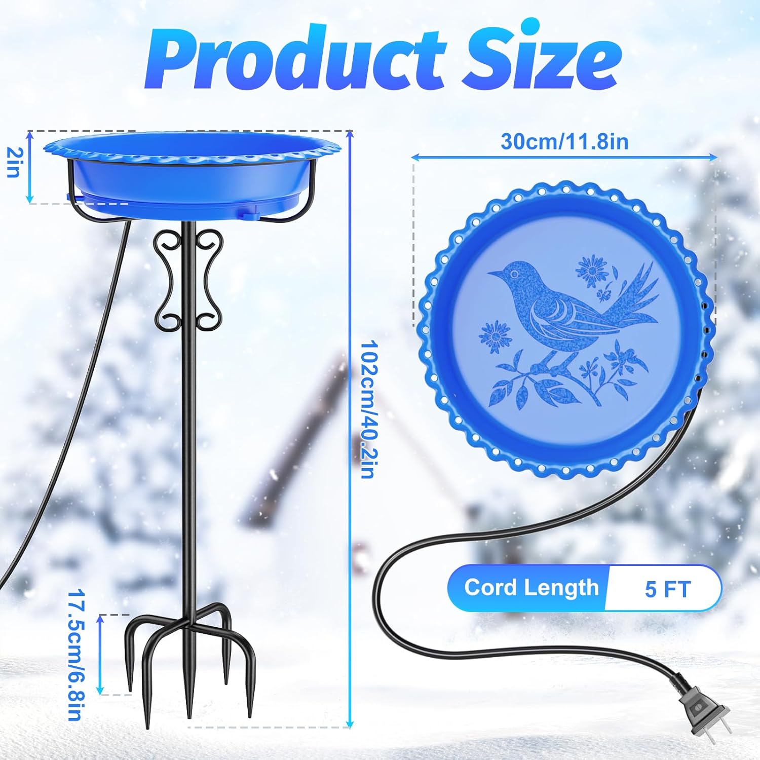 heated bird bath for outside winter,100w thermostat control birdbath bowl with metal 5-prong base,freestanding heated bird baths for outdoors garden patio yard lawn (blue)