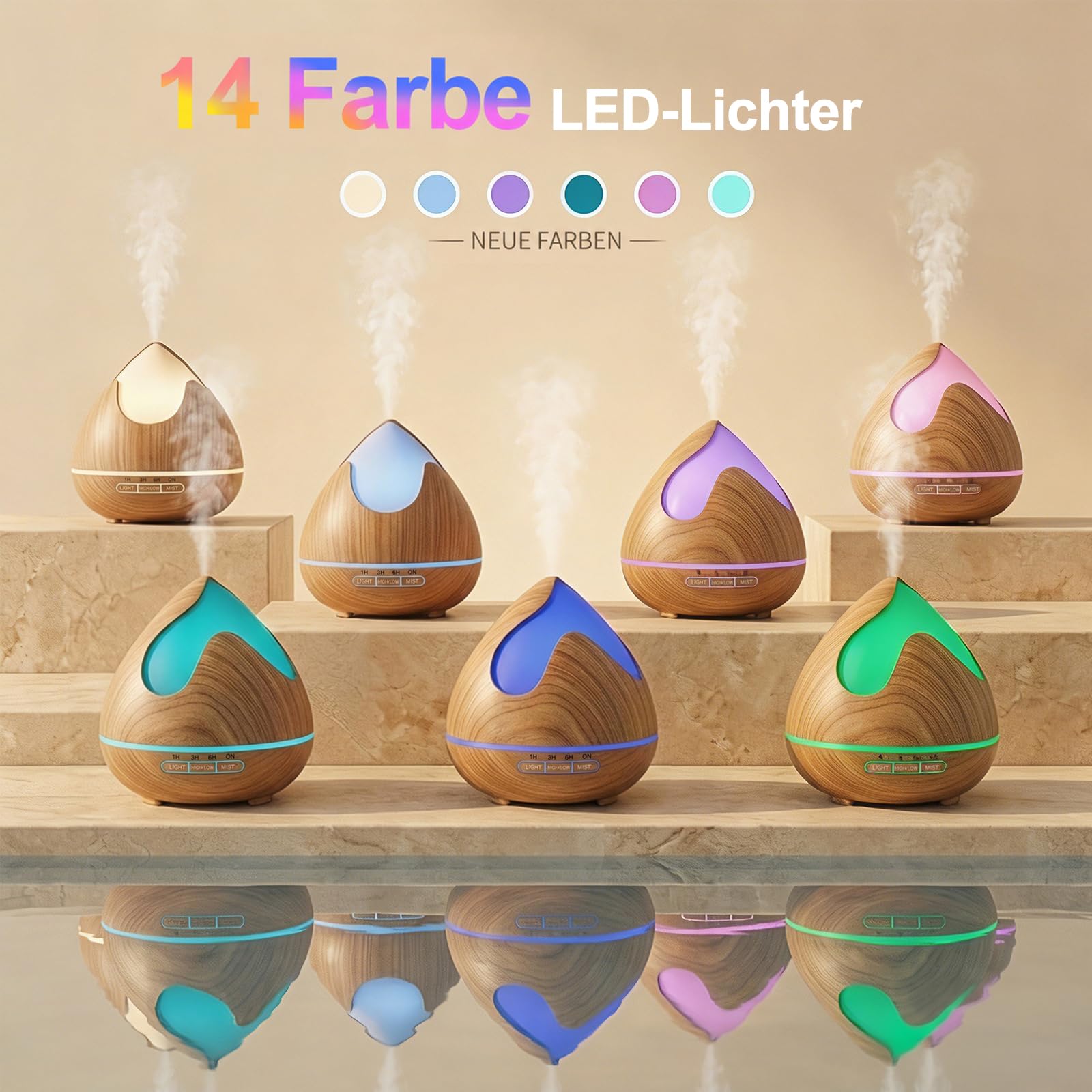 Aroma Diffuser für Ätherische Öle 500 ML, Ultraschall Luftbefeuchter, Aromatherapie Öle Diffusor mit 14-Farbigem LED-Licht, 4 Timer Einstellung