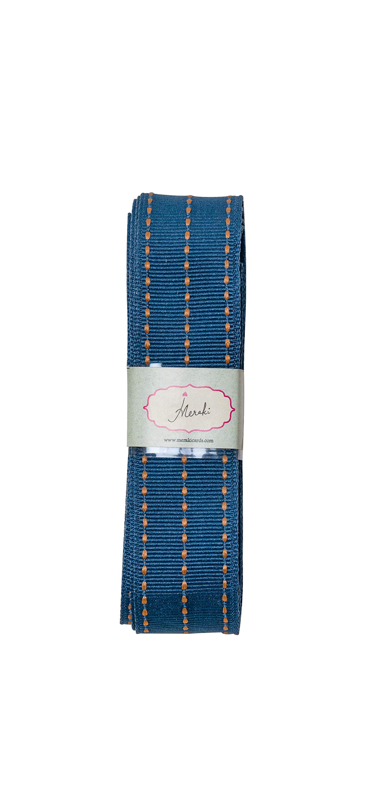 Meraki Cards Blue Grosgrain Ribbon with 3 Lines of Coffee Colour Stitches (Width: 25mm)