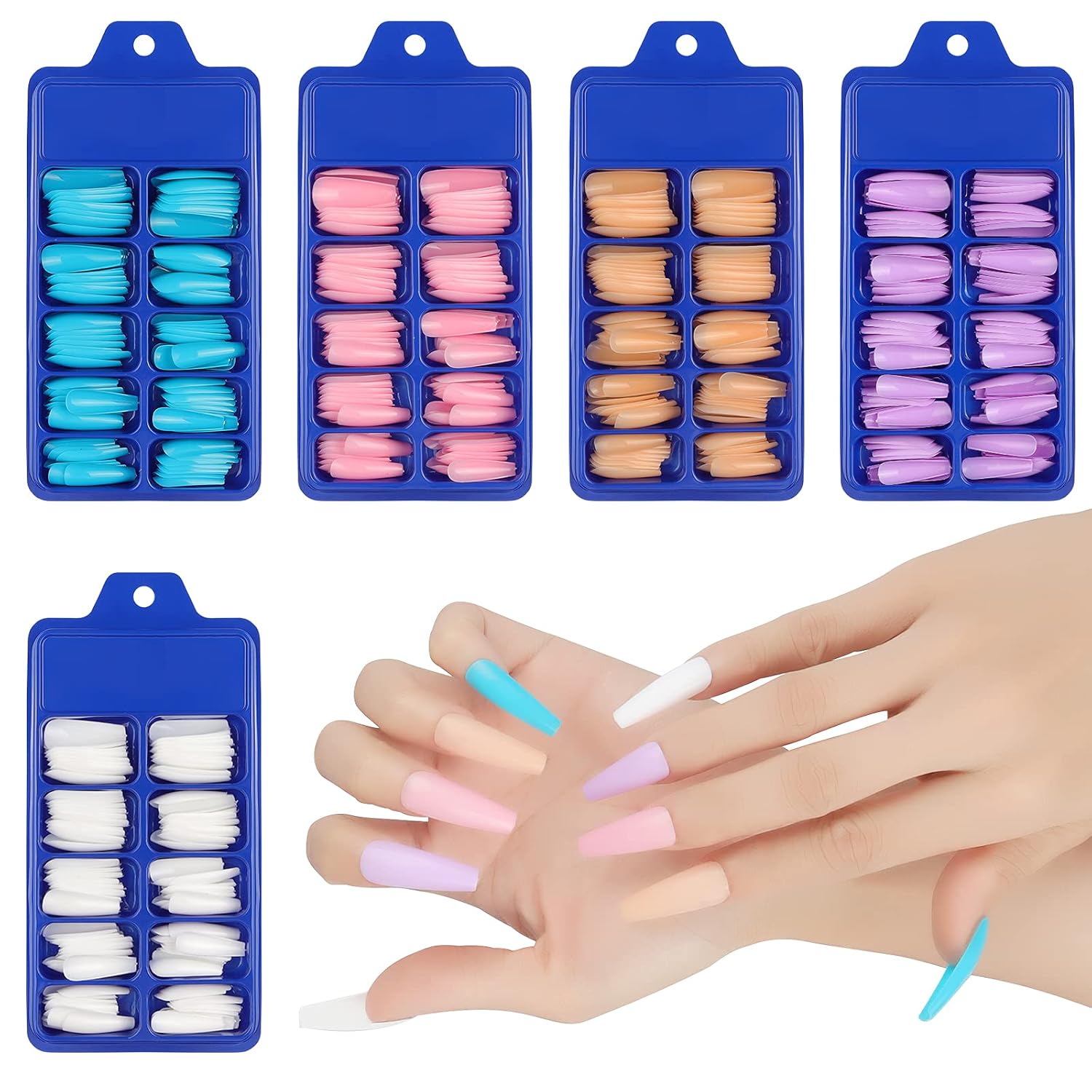 500PCS Extra Long Coffin Press on Nails, Glossy Acrylic Press ons False Nails for Women, Glue Stick on Nails, Art Salon Manicure Set with Nail File, 5 Solid Colors Fake Tips