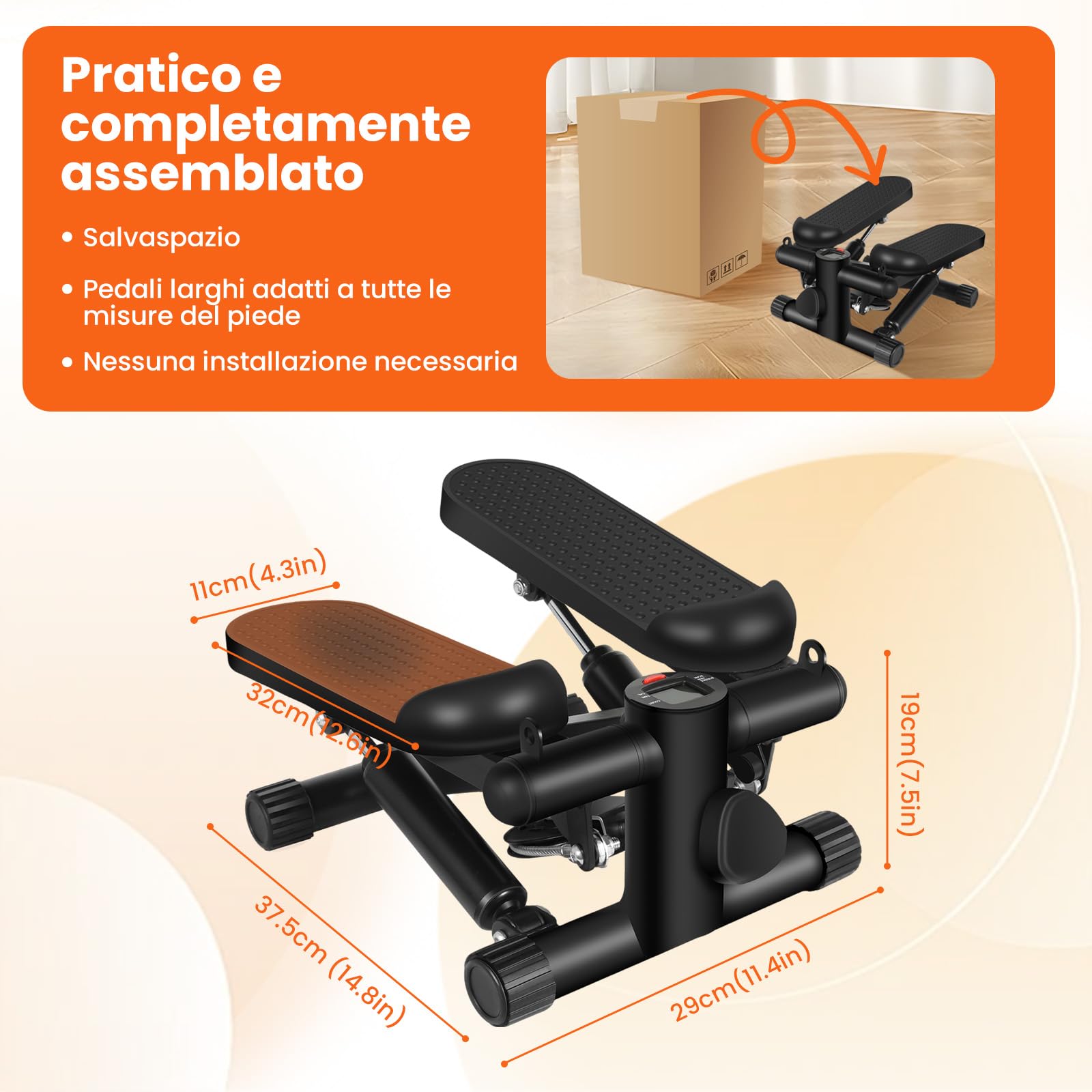 Mini stepper per esercizi a casa, resistenza regolabile per scale con monitor LCD, pedali antiscivolo e fasce di resistenza per allenamento cardio completo del corpo