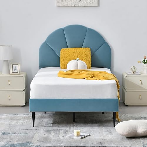 Miniatura 3 de VELOCAVA Base de cama individual con cabecera de concha, plataforma tapizada de terciopelo con soporte de listones de madera, no necesita somier,