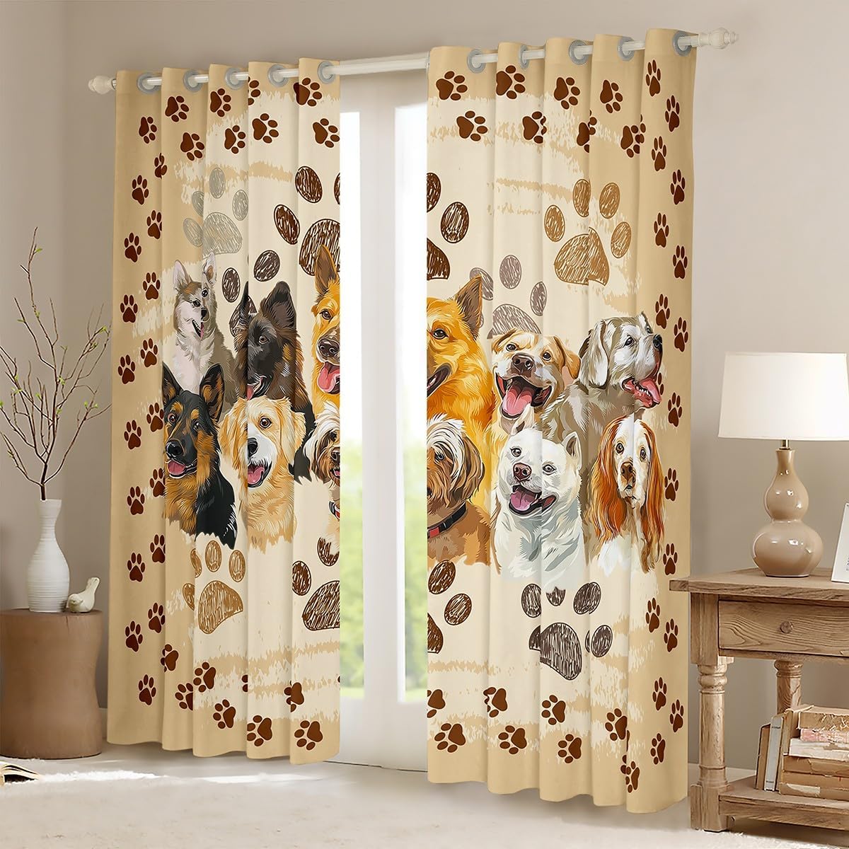 Castle Fairy Puppy Dogs Window Curtains,Funny Cute Pet Dog Paw Print Window Treatments for Kitchen,Vintage Watercolor Dogs Animal Polyetser Blackout Window Drapes, 2 Panels, 52Wx84L inch