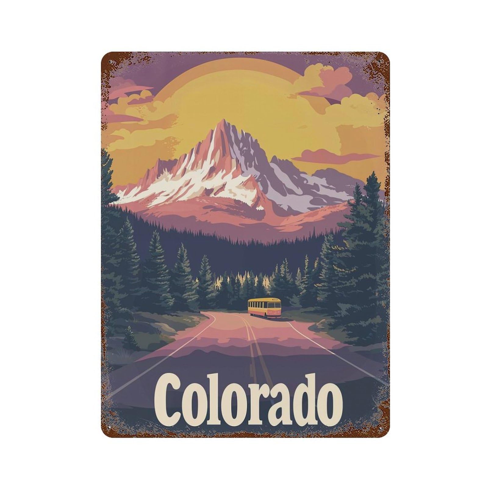 Colorado Mountain Sunset Weathered Tin Sign 15.7"x11.8", for Basement, Hobby Room And Garage Decor, Rustic Home Decor