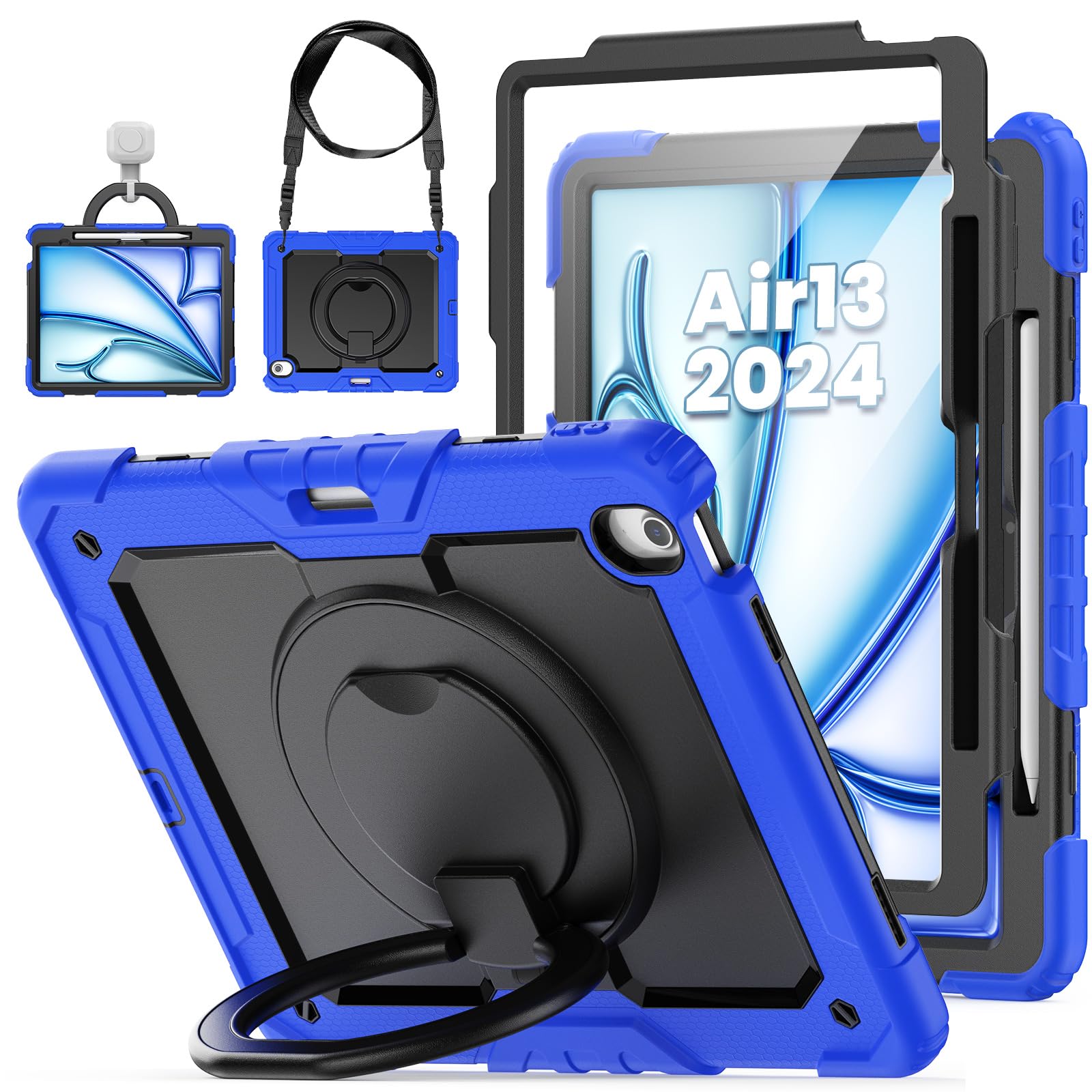 for iPad Air 13 Inch Case M4 2026 / M3 2025 / M2 2024, Heavy Duty Shockproof Protective iPad Air 13 Case with Rotating Handle &amp; Stand- Shoulder Strap- Screen Protector- Pencil Holder, Blue