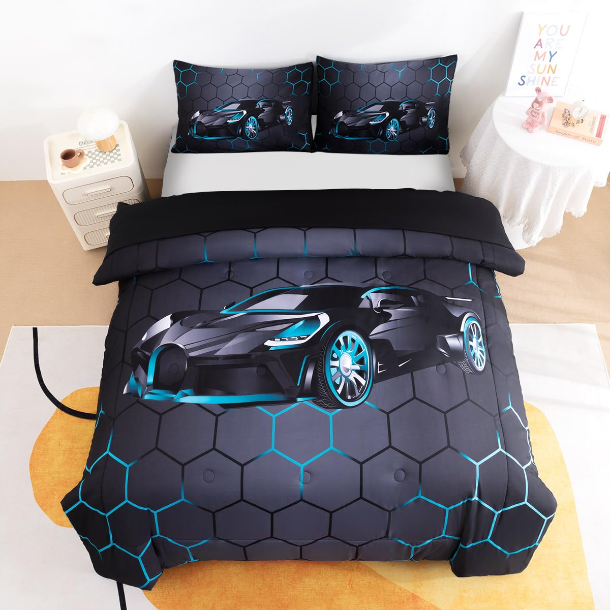 Podol 3 Pieces Race Car Comforter Set Full Size Blue Sports Car Bedding Sets for Boy 3D Geometric Bed in a Bag Kids Extreme Sports Theme Quilt Set