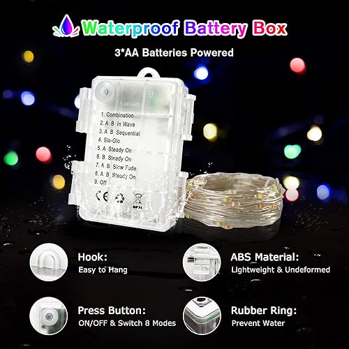 Vista 30 de JMEXSUSS Paquete de 2 luces de hadas azules que funcionan con pilas, 100 luces LED azules de 33 pies impermeables con temporizador remoto, luces