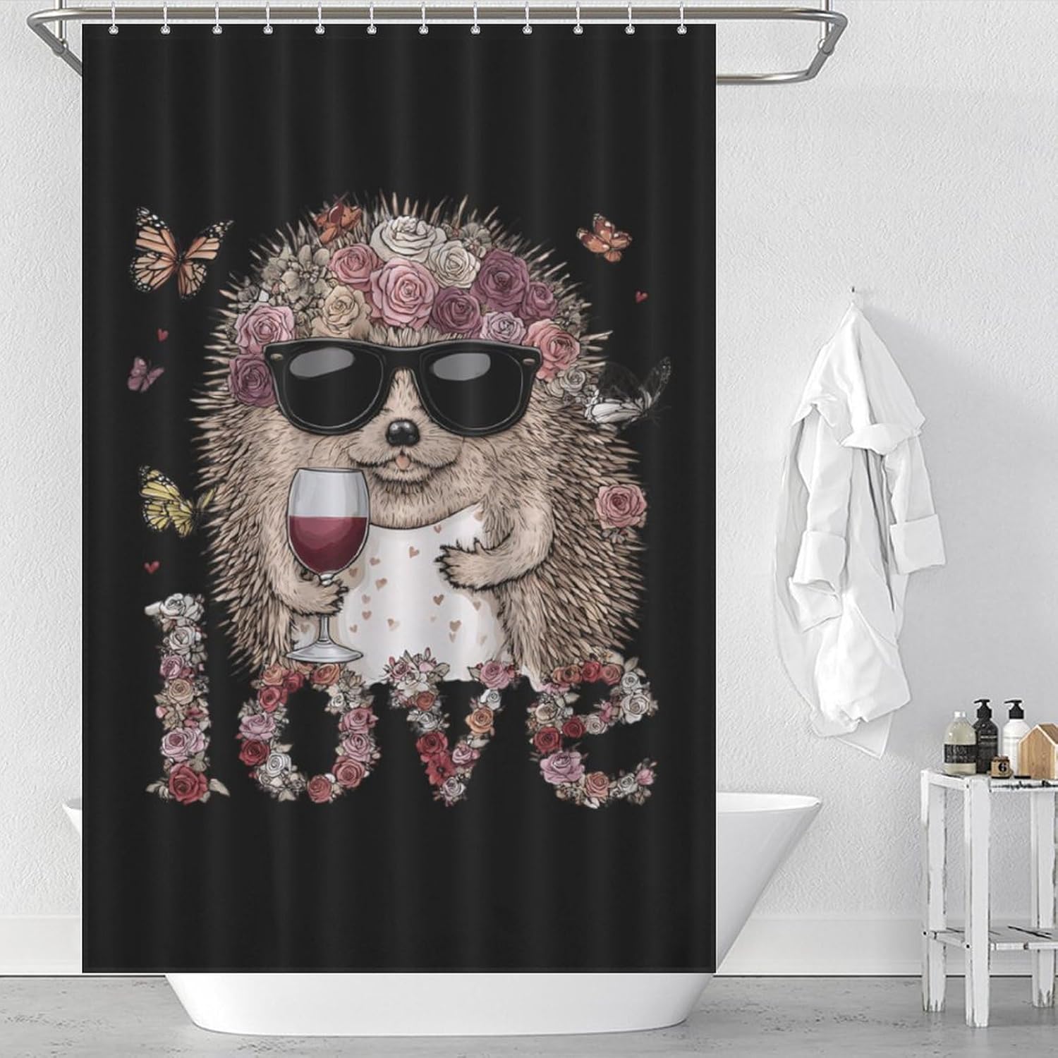 Funny Hedgehog Love Wine Shower Curtain 46.85x70.87Inch（119x180cm） Polyester Bath Curtain Shower Curtains Printed Decorative