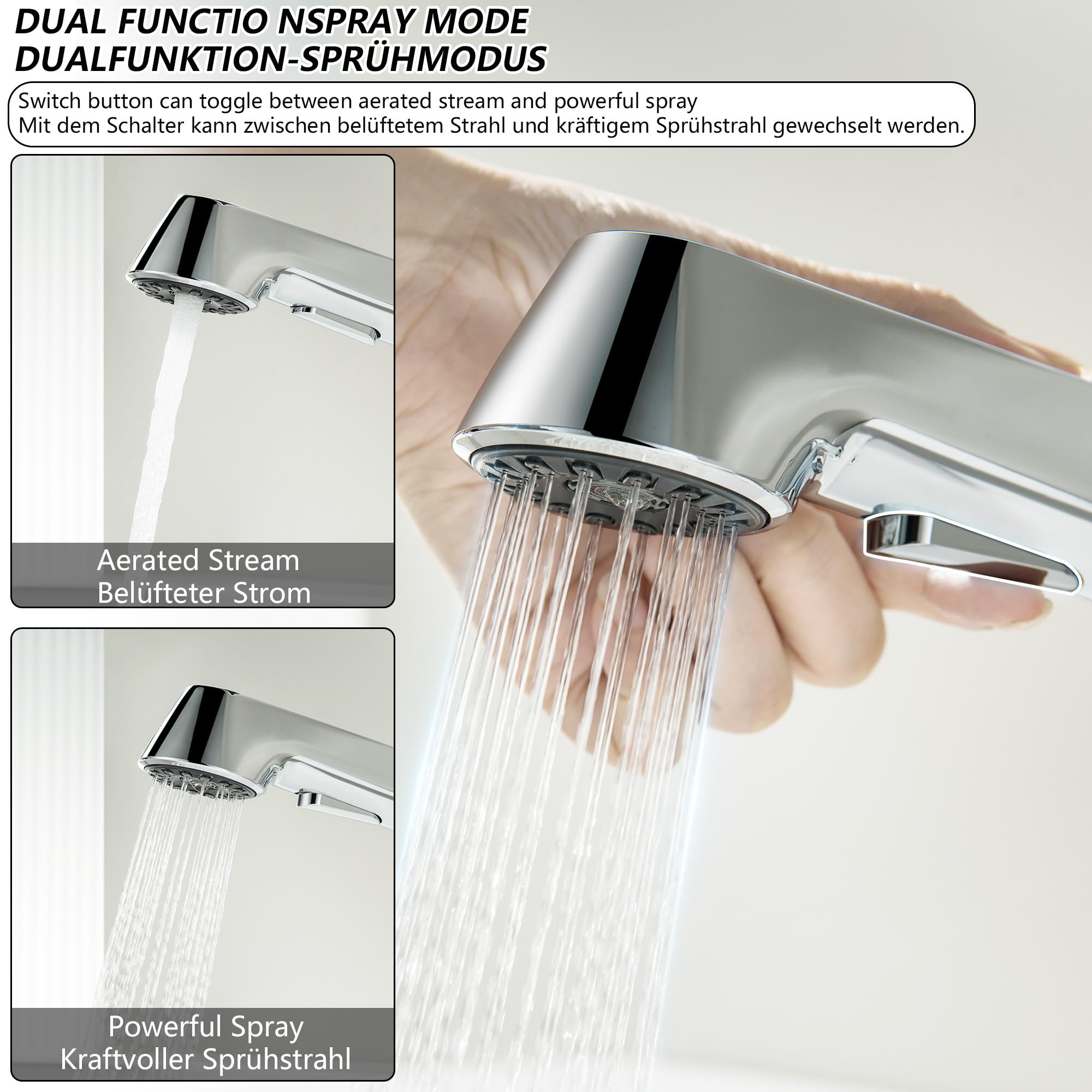 Waschtischarmatur ausziehbar mit Brause, Moderne Wasserhahn Bad Armatur mit 2 Strahlarten, Badarmatur Waschbecken Einhebelmischer für Badezimmer, Chrom