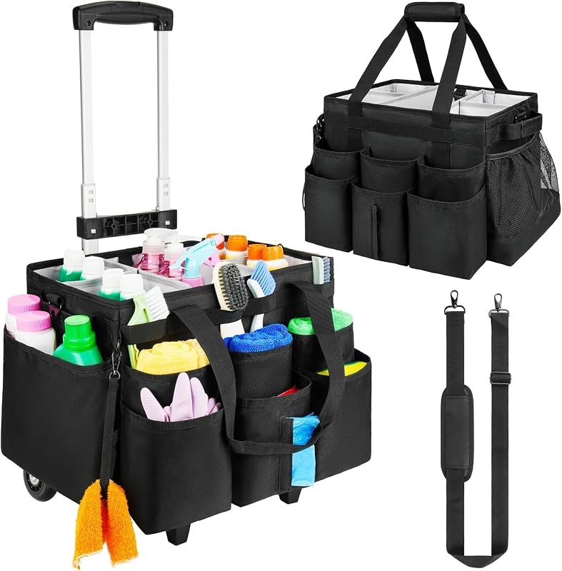 Bolsa grande con ruedas para limpieza con carro desmontable,Carro de limpieza con ruedas con correa para el hombro,Organizador de suministros de limpieza para amas de casa,Negro