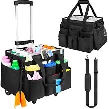 Large Rolling Cleaning Caddy Bag with Detachable Trolley,Cleaning Cart on Wheels with Shoulder Strap,Cleaning Supplies Organizer for Housekeepers,Black