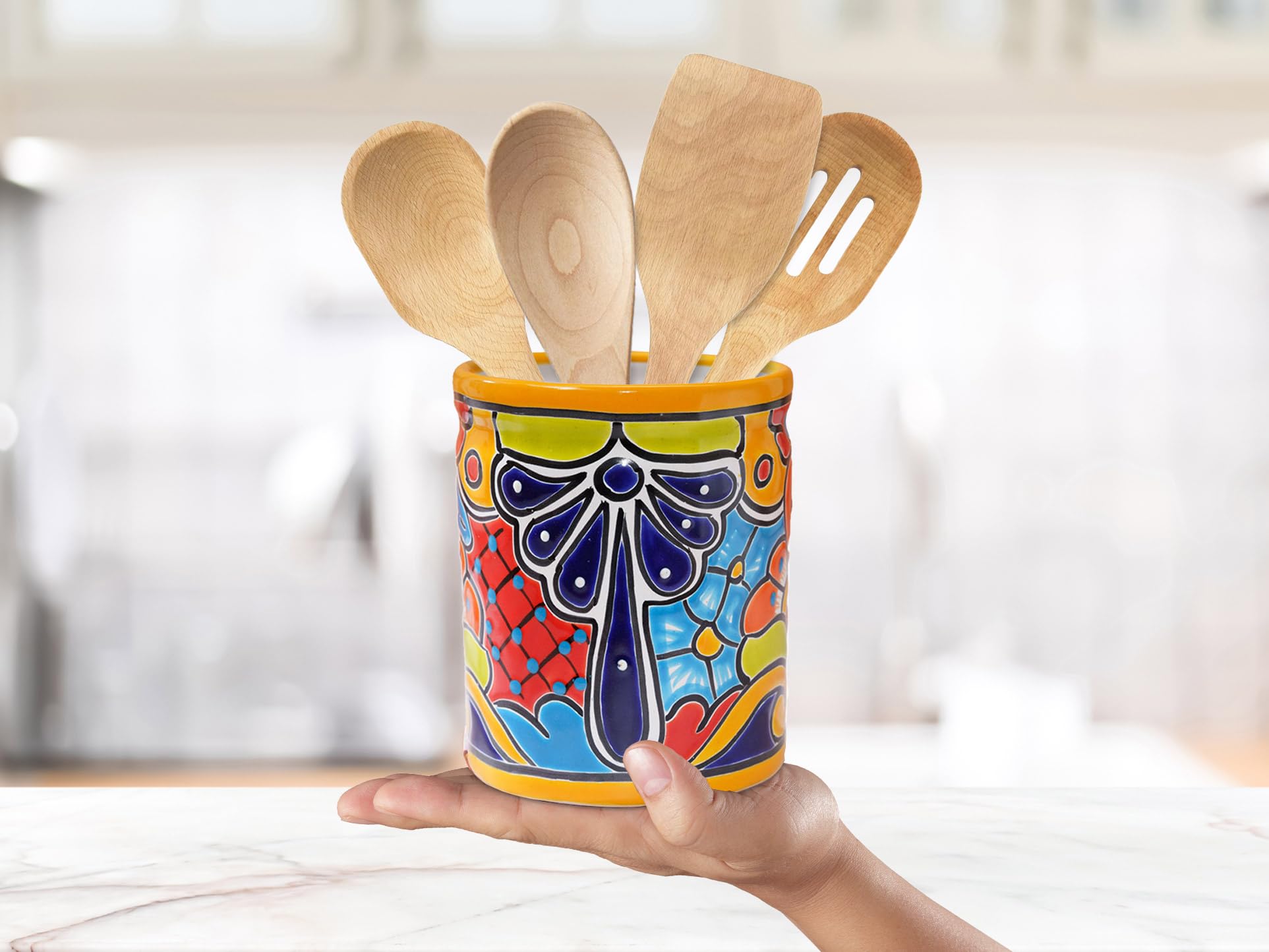 Kitchen Utensil Holder For Counter For Kitchen Crock Mexican Talavera Pottery Ceramic Colorful Utensil Spoon Jar Cooking Organizer & Flower Vase Medium (Marigold)
