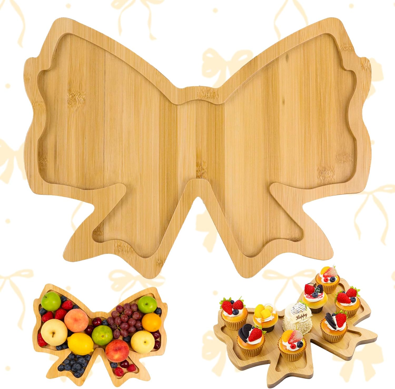 15.5" x 11.5" Large Wooden Bow Charcuterie Board, Gender Reveal Theme Tabletop Berry Serving Trays Outdoor Food Platters for Fillable Dish Plates Party Supply for Wedding, Baby Shower 1st Birthday