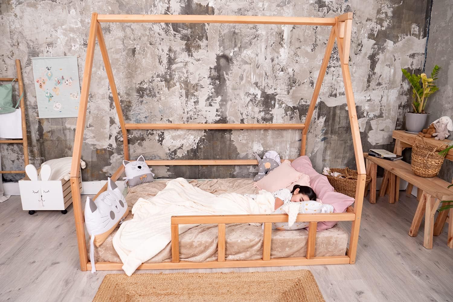 BUSY WOOD Montessori Floor Bed for Toddler - Kids House Floor Bed - Twin Bedframe with Rails for Boys or Girls - Water Based Paint Used - 5 Sizes: Small, Twin, Full, Queen, King (Model 1, Platform)