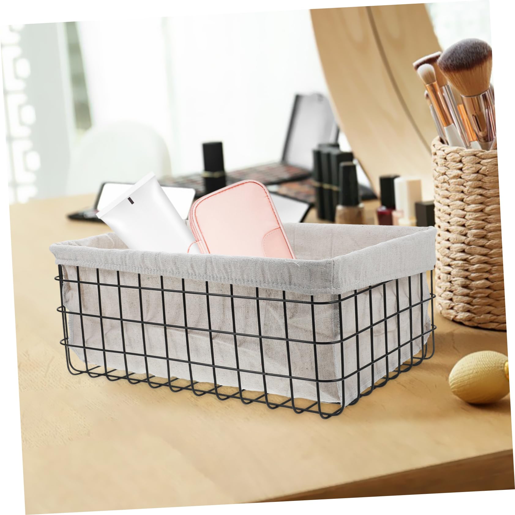Cesto Portaoggetti in Ferro, Organizzatore da Tavolo per Trucchi e Snack, Capienza Grande, Design Semplice per Bagno e Cucina