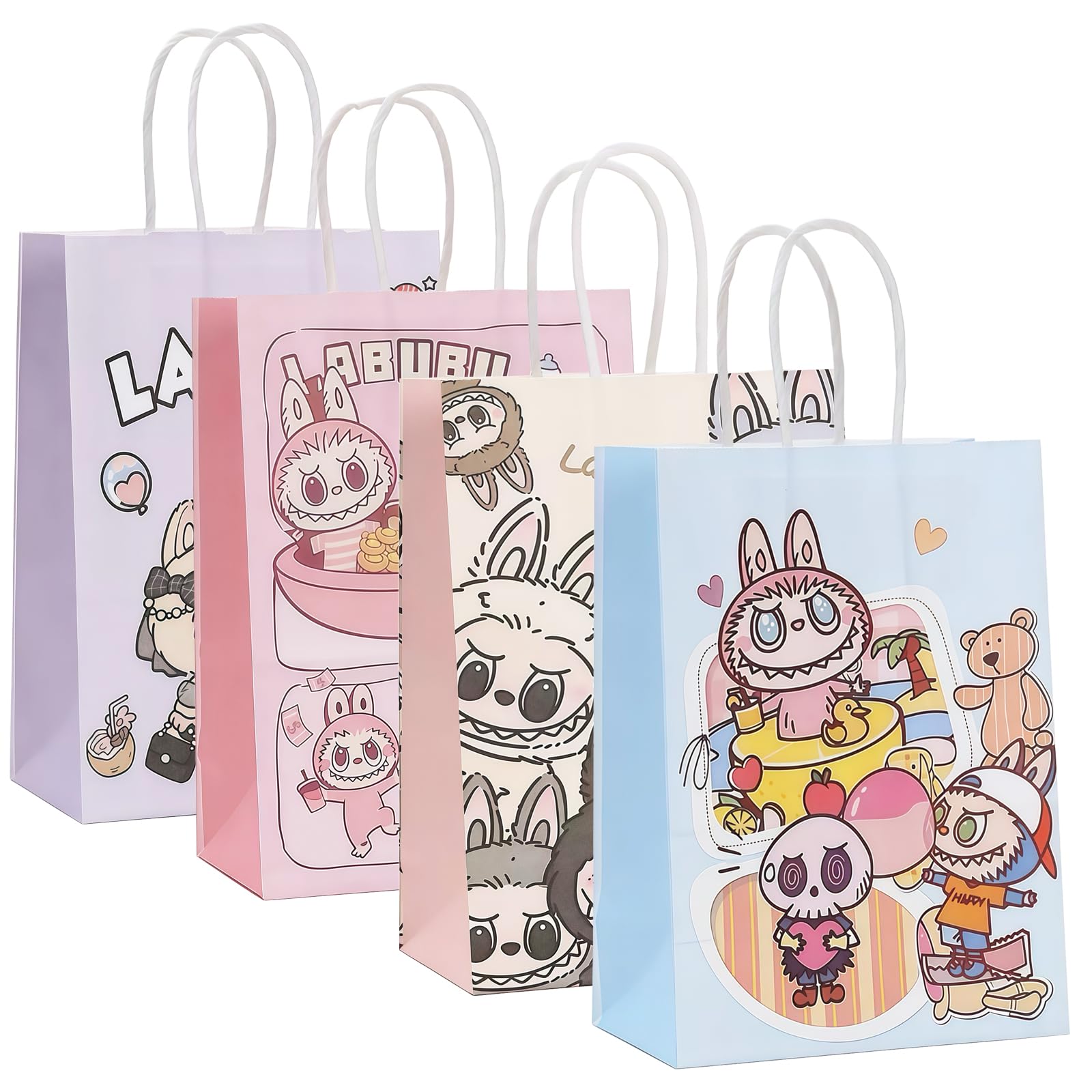 QIONG 16Pcs La-bu-bu Birthday Decorations Gift Bag, Cute Double Side Paper Goodie Bags with Handle, Party Favor Paper Candy Bags Colorful Birthday Party Supplies