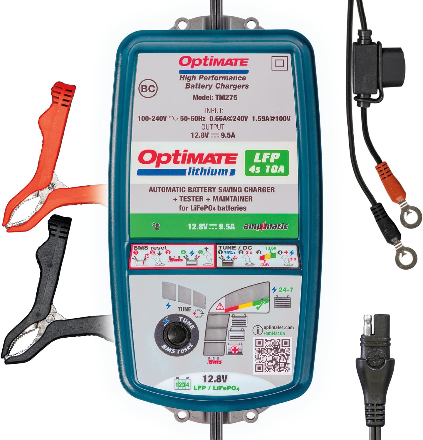 Optimate Lithium LFP Select, TM271v2, 10-Step 12.8V 9.5A / 16V 7.5A High Performance Battery-Saving Charger and Maintainer