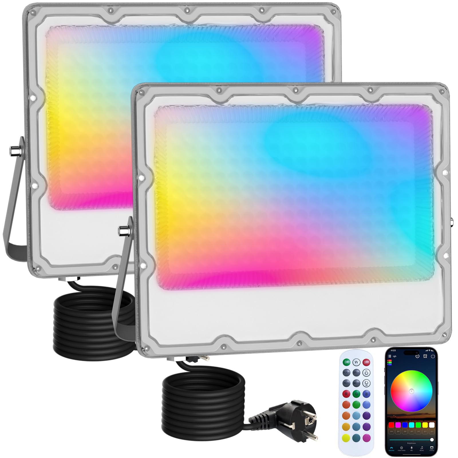 MEEKBOS 2 Pezzi Faretto LED RGB Esterno 150W, Faro LED RGB Con APP Bluetooth e 2.4G Telecomando,IP66 Impermeabile Dimmerabile Proiettore per Giardino,Pasqua,Partito,Halloween,15000LM
