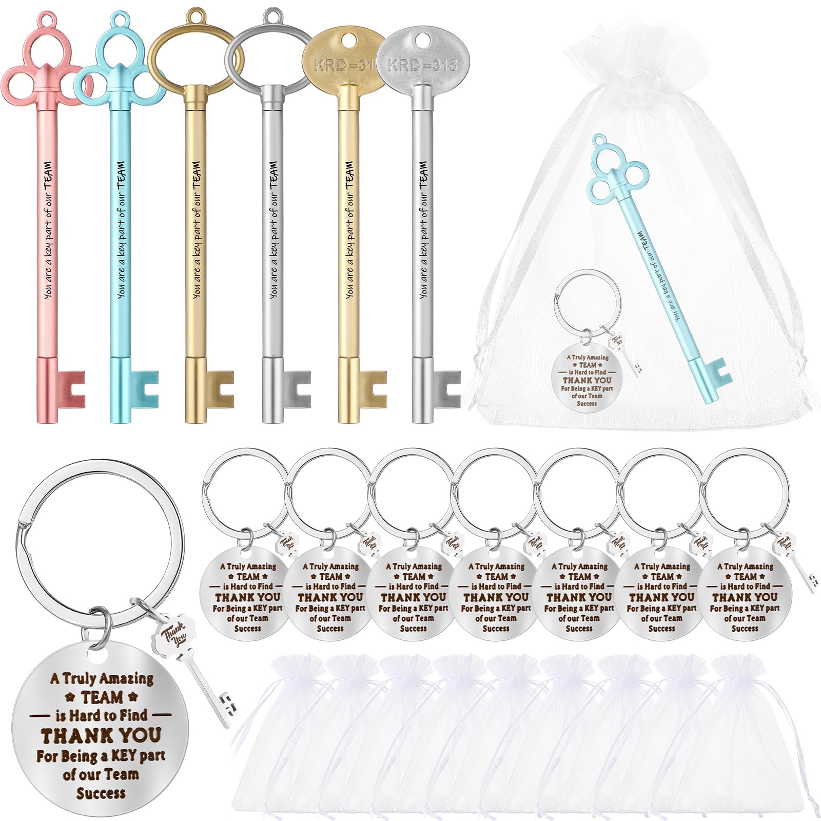 Fulmoon 24 Sets Employee Appreciation Gifts Thank You Team Gifts 6 Style You Are a Key Part of Our Team Pen Metal Keychain White Organza Bags for Employees Coworker Staff Colleagues Welcome Gifts