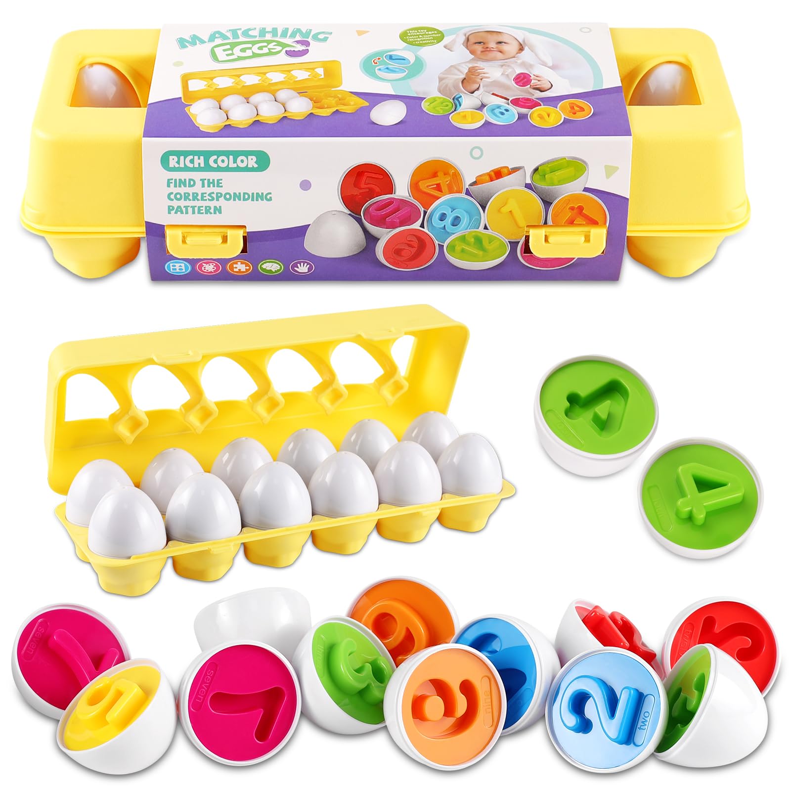 LOOIKOOS Matching Eggs for Toddlers-12PCS Preschool Educational Learning Color & Number Recognition Sorting Skills,Easter Gifts Basket Stuffers