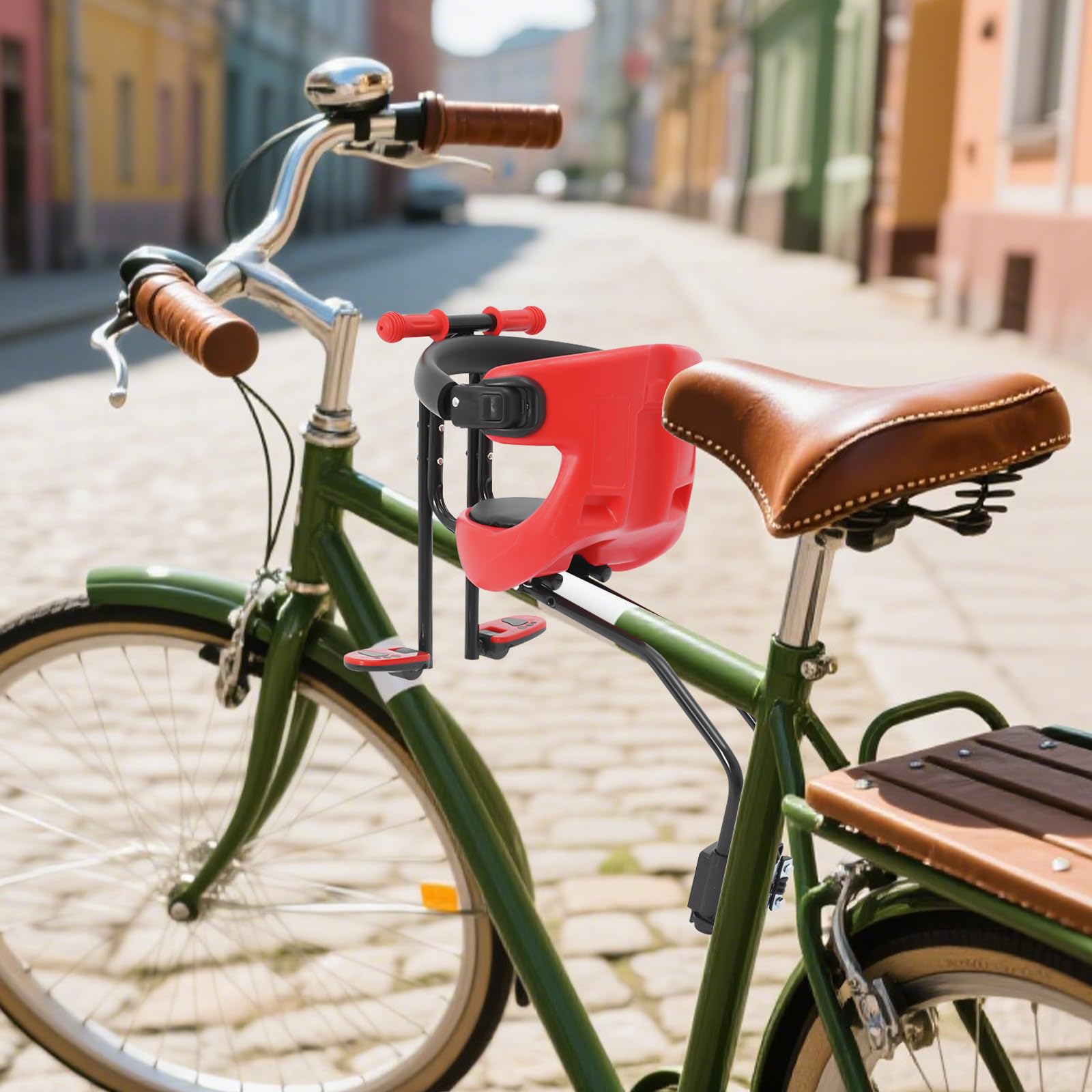 Siège avant pour vélo de montagne pour enfant avec support réglable et barre de sécurité amovible, poignées antidérapantes et repose-pieds, max. 50 kg, pour 8 mois à 4 ans