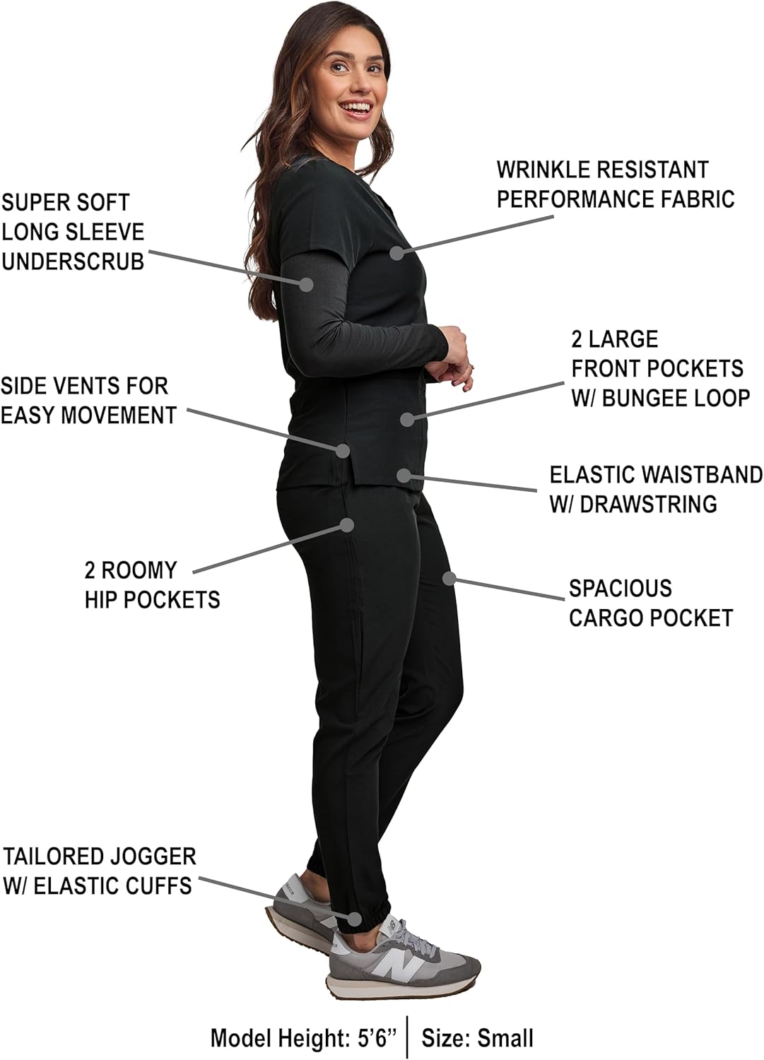 Green Town Women's 3-Piece Medical Scrub Set - Black, V-Neck Top, Jogger Pant, Underscrub T-Shirt