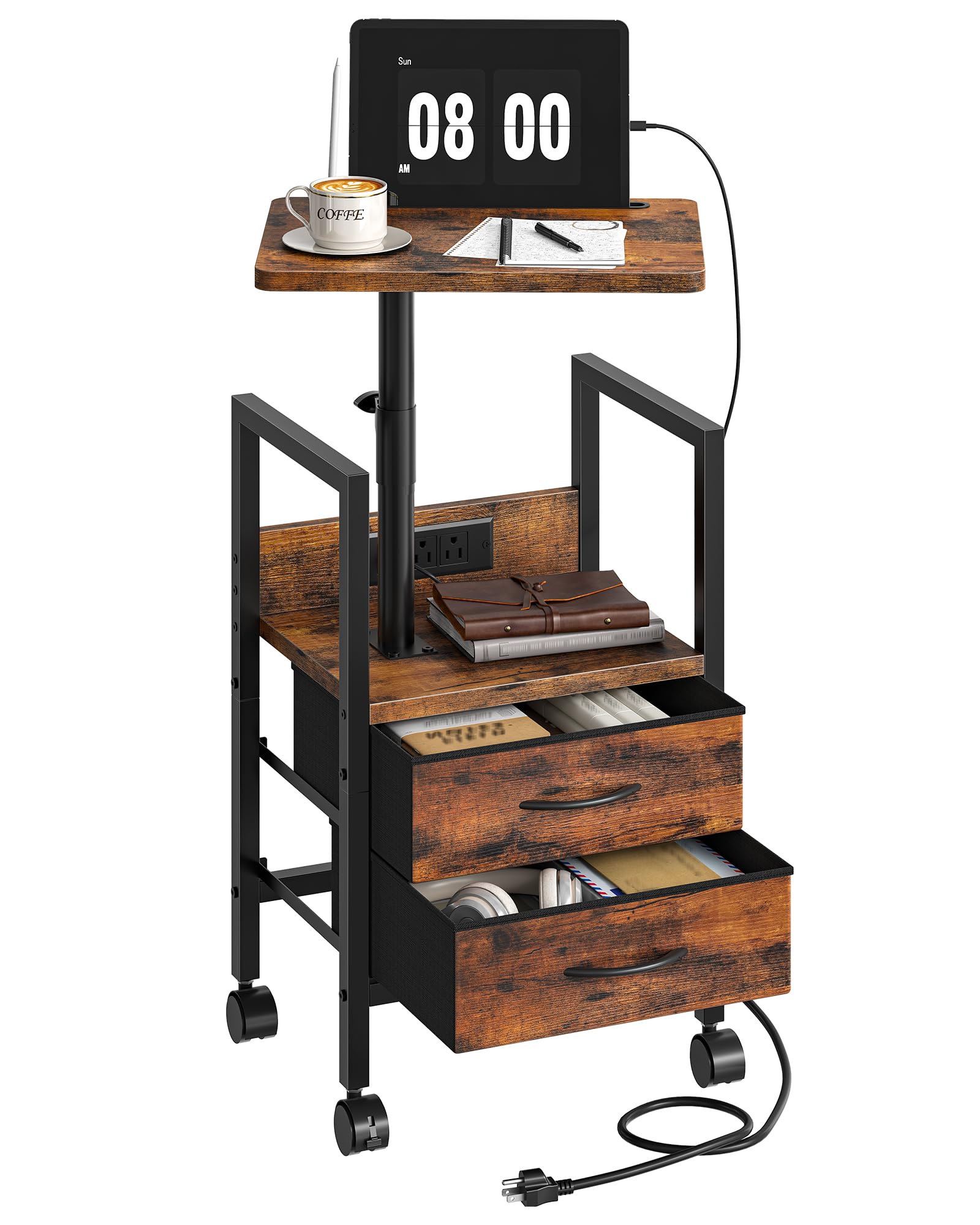 Mesa auxiliar de altura ajustable con mesa giratoria, mesa auxiliar con estación de carga, mesita de noche con cajones y ruedas de tela, mesita de noche para sala de estar, dormitorio, marrón rústico
