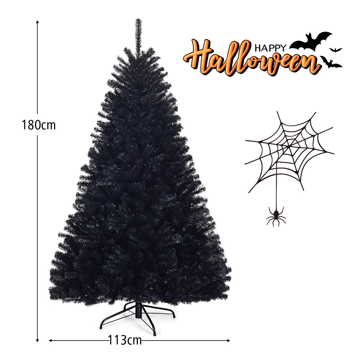 RELAX4LIFE 180 cm Künstlicher Weihnachtsbaum schwarz, Christbaum mit 1036 Spitzen und Metallständer, Tannenbaum für Zuhause, Büro, Schule, Geschäfte